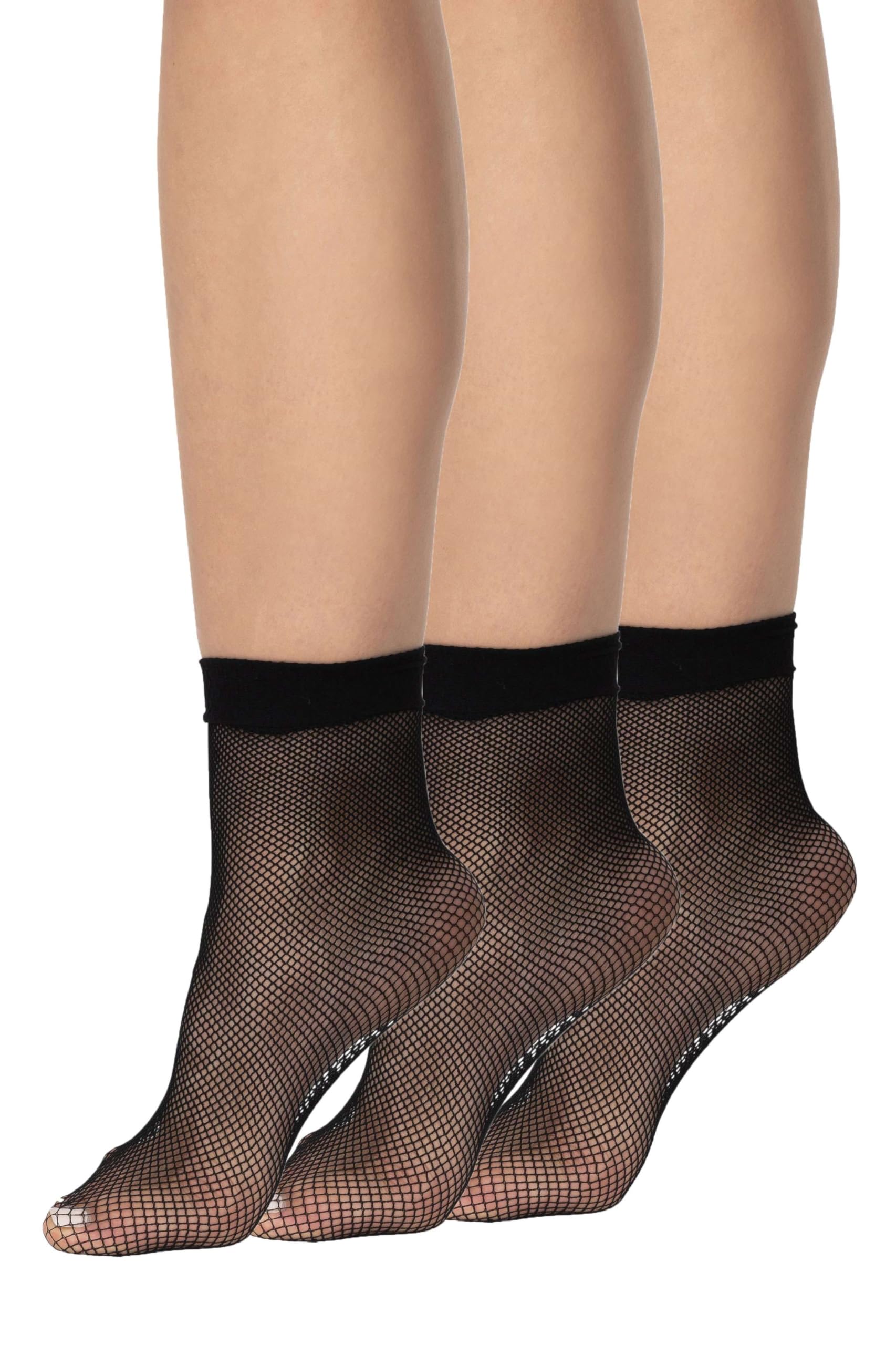 Looksy Women's Nella Nero - 3 Pairs 3 Pairs Natural Fishnet Socks Ankle Small Diamonds Free-Size Nella, Nero