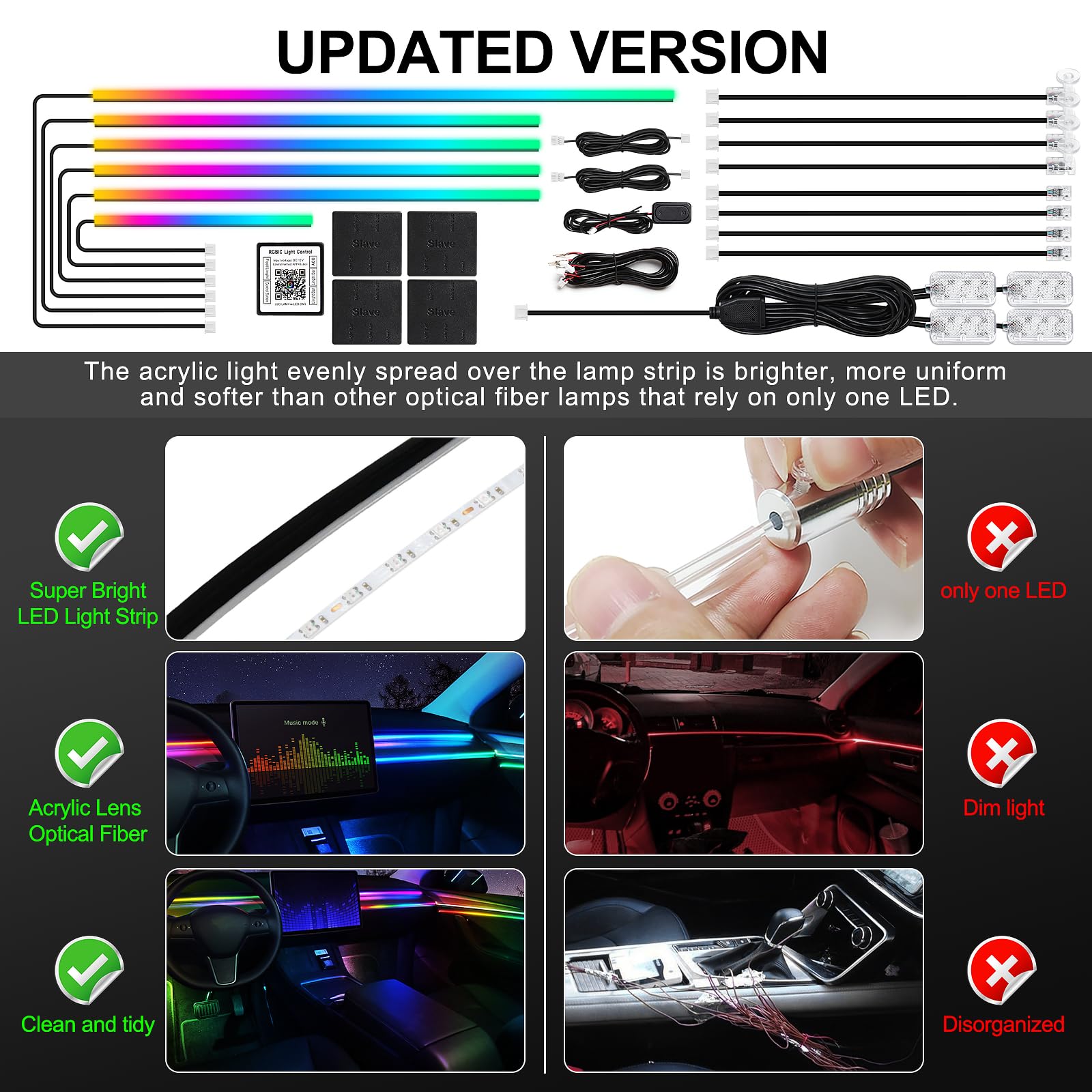 Dream+Color Acrylic Interior Car LED Strip Light with Wireless APP, RGB 18 in 1 with 175 inches 612 LEDs Fiber Optic Strip Lights for Car, Dual Zone Music Sync Neon Car Ambient Lighting Kits