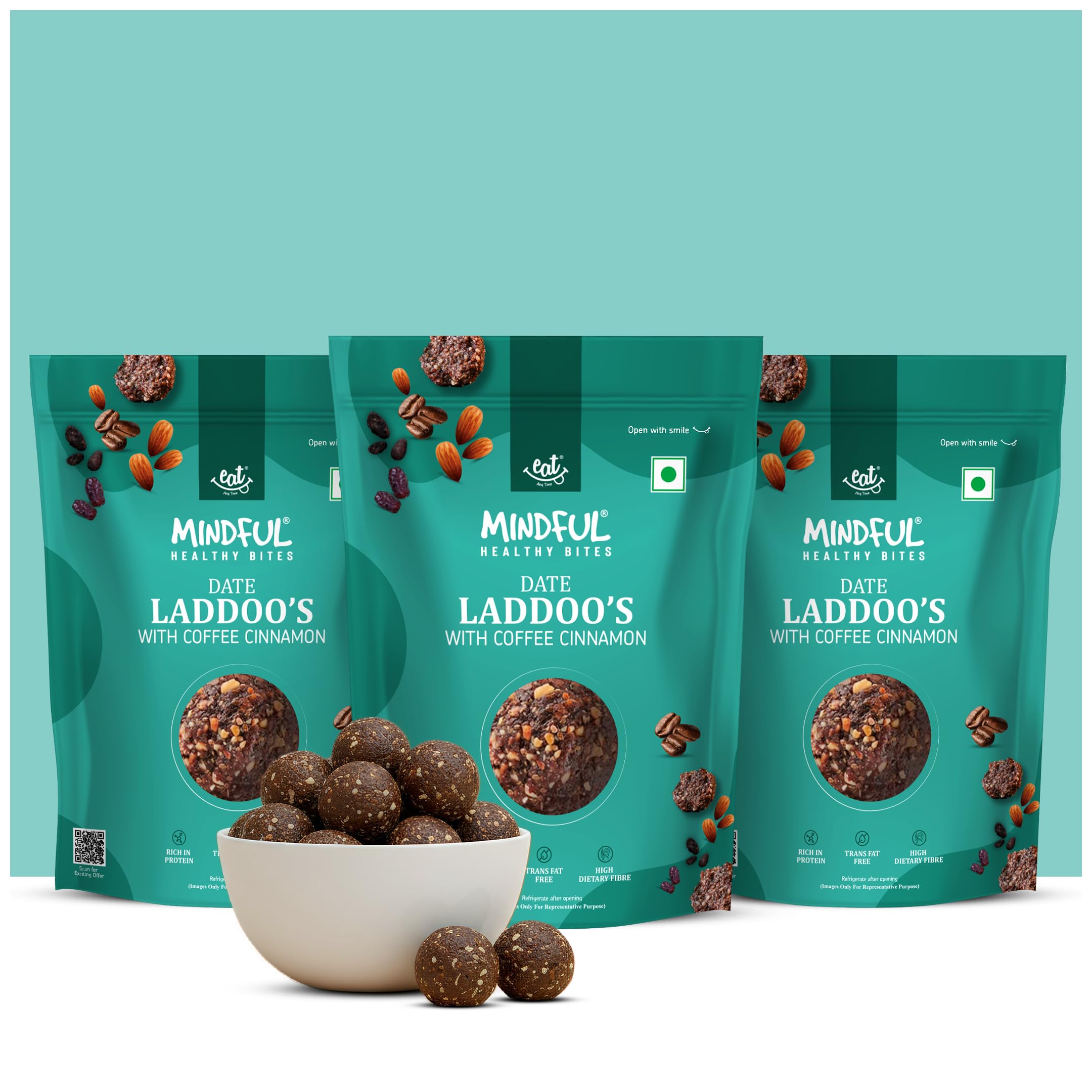 EAT Anytime Sugar Free Dates Laddoo's With Coffee Cinnamon Flavour - Super Saver Pack of 3 | Replacement of Energy & Protein Bars | Powerhouse of Protein & Fibre | Zero Trans Fat & Zero Cholesterol-100Gx3
