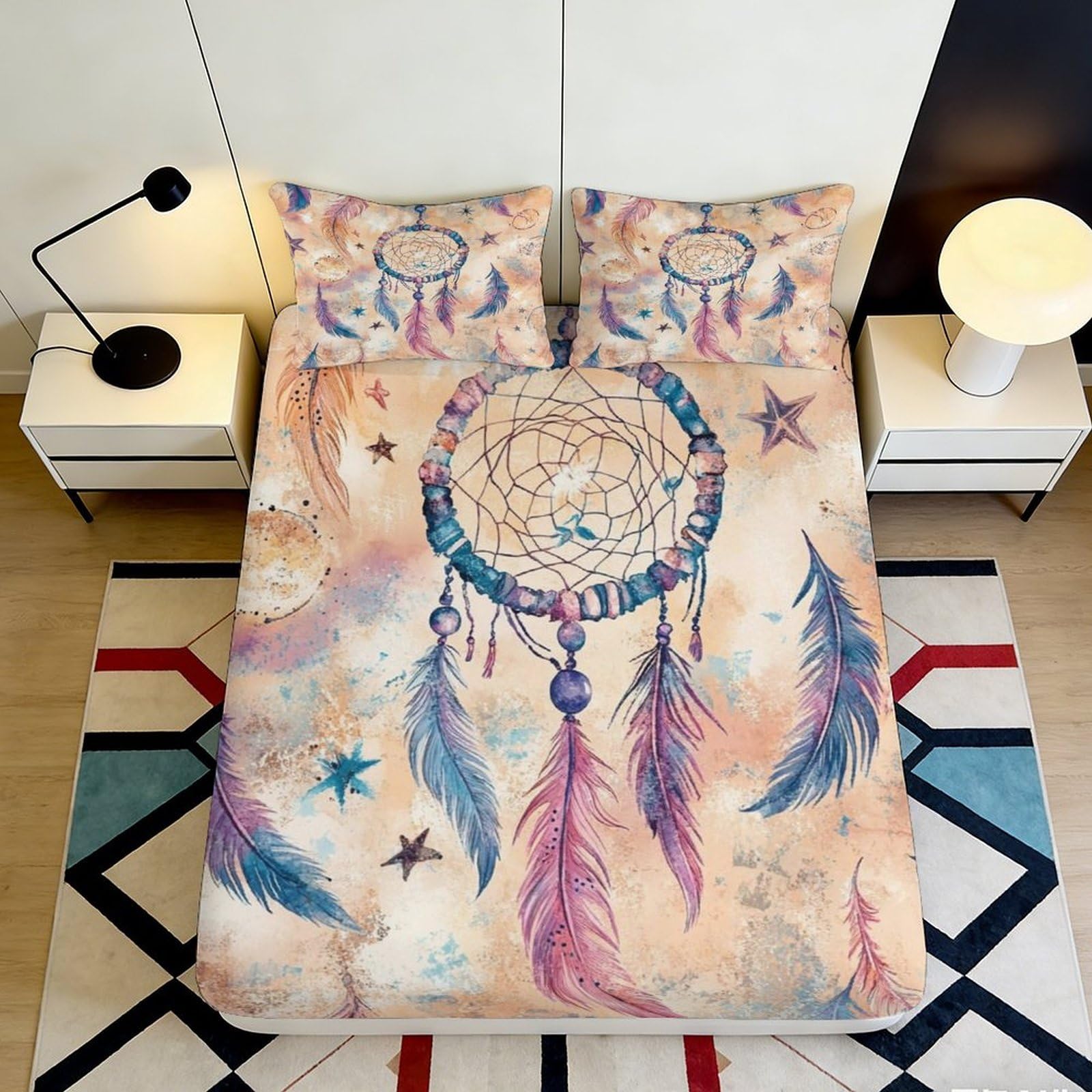 3D Printed Dreamcatcher Fitted Sheet Microfiber Soft Pastel Feather Bed Cover for Bedroom Decor Mattress Protection 90x200x25cm