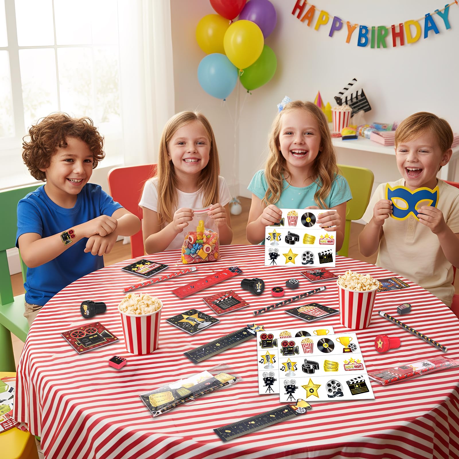 Lot de 168 articles de papeterie pour soirée cinéma, bloc-notes, autocollants, gomme, règle et crayon pour tapis rouge VIP pour fête prénatale, fête d'anniversaire