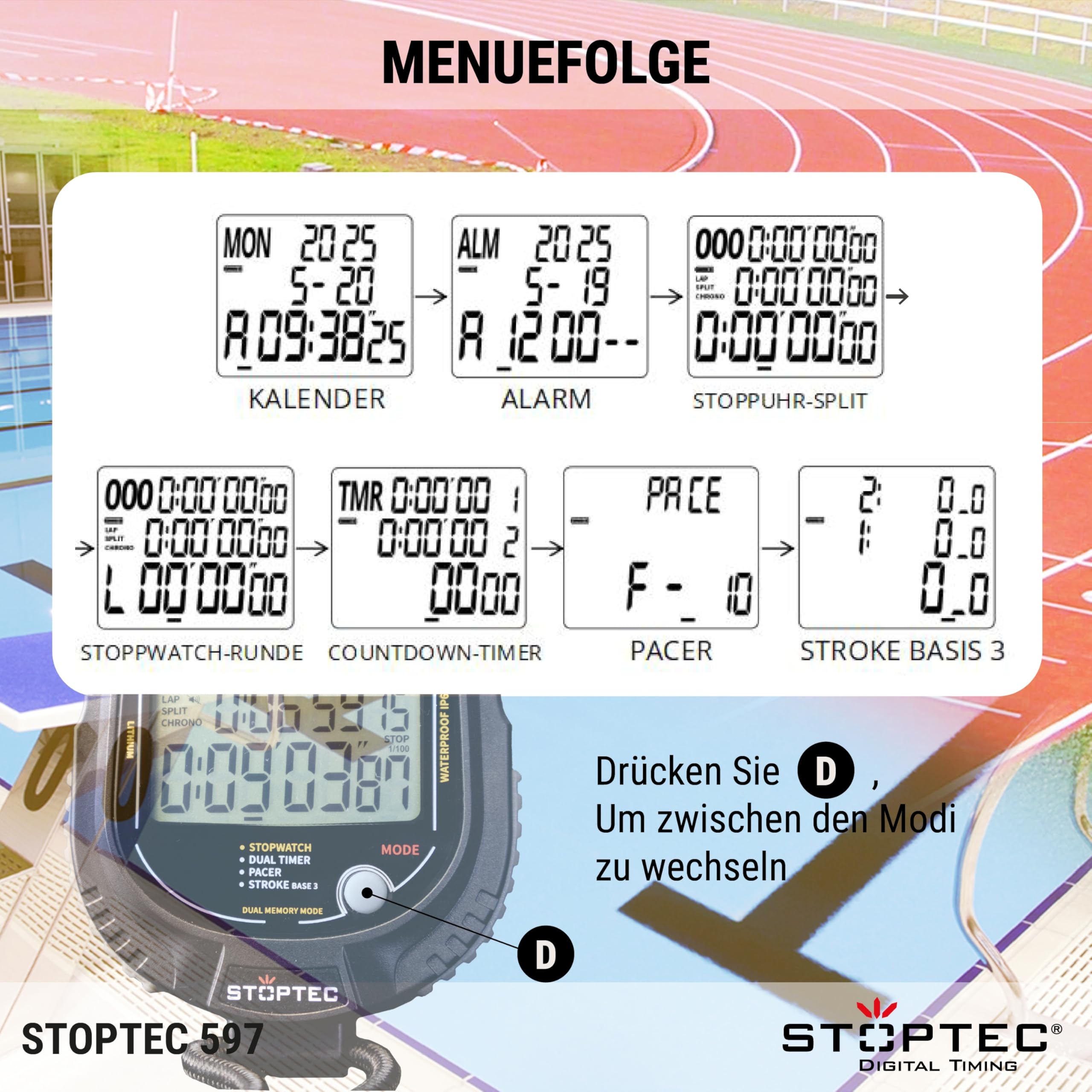 Stoptec - Cronometro 597, grande display a 3 righe, meccanismo a punti di pressione, 500 memoria, doppio timer, pacer, misurazione del numero di colpi, display e suono acceso e disattivabile