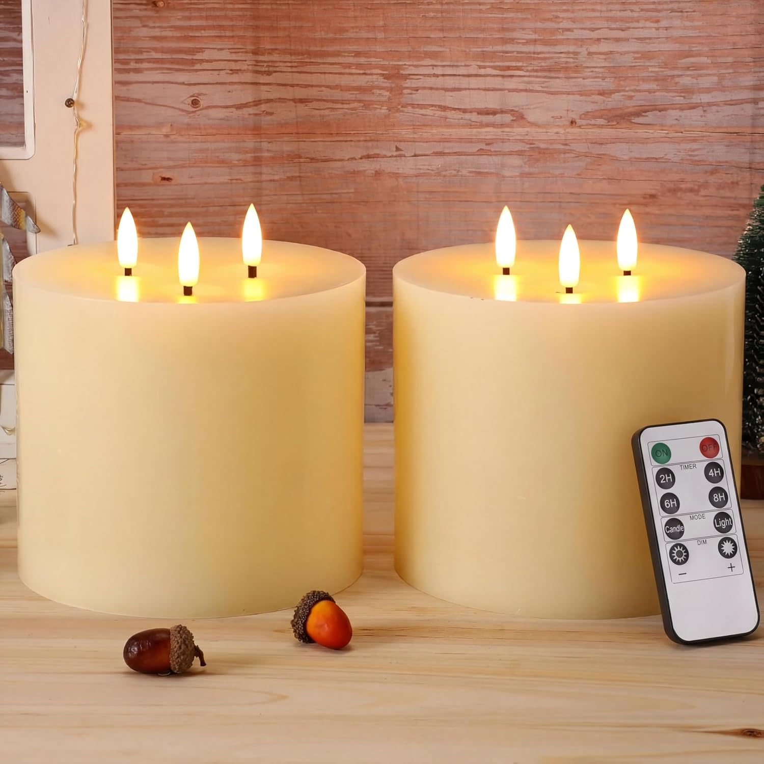 Retisee 2 Pack Extra Large Flameless Candles Battery Operated Real Wax 3 Wicks LED Pillar Candles with Remote Control and Timer for Wedding Christmas Home Party Decoration(Ivory,6 x 6 Inch)