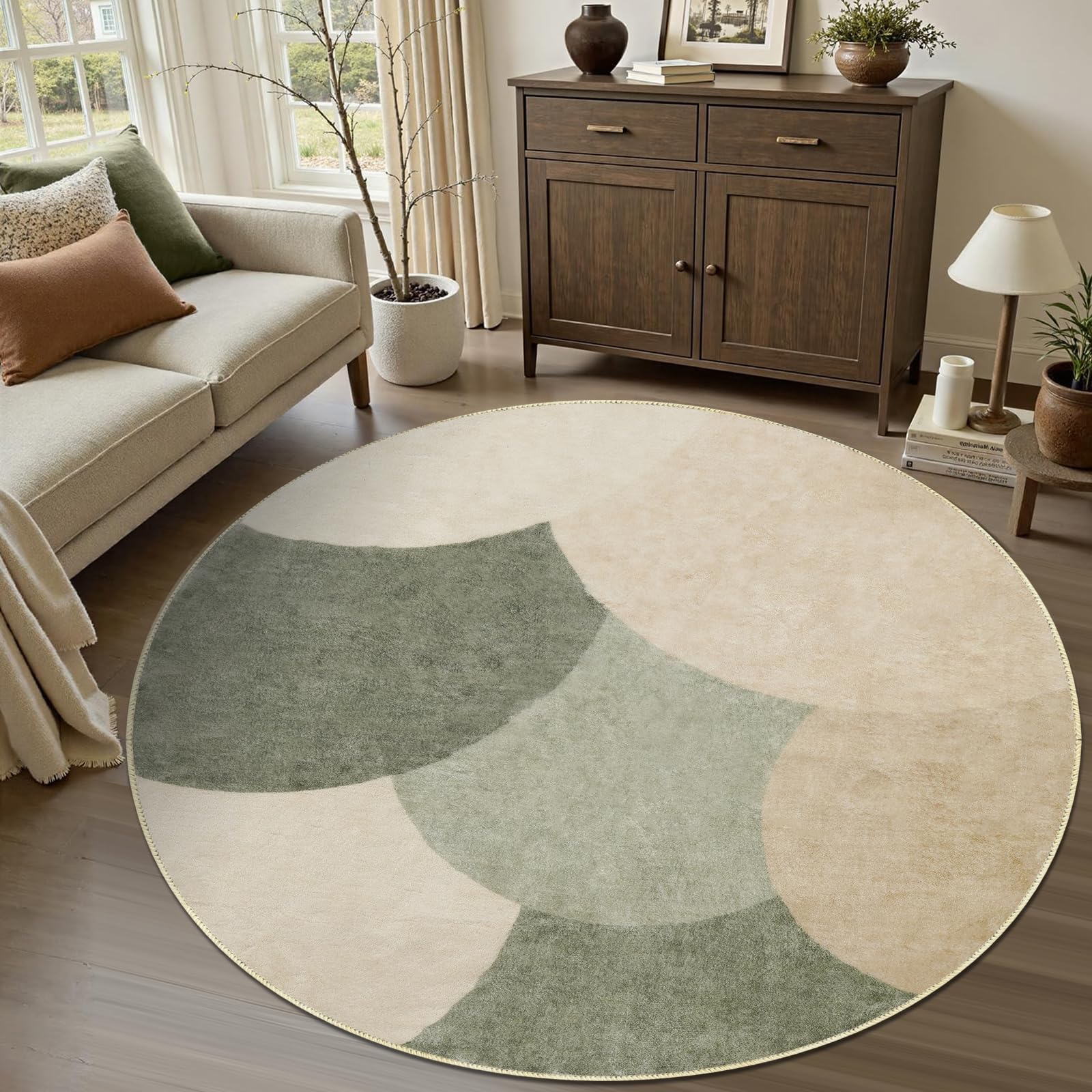 Zhaotingrui Runder Teppich 160cm Grün Beige Modern, Halbkreis Muster Flauschig Kurzflor, Antirutsch Wohnzimmer Teppich Waschbar Weich Kuschel