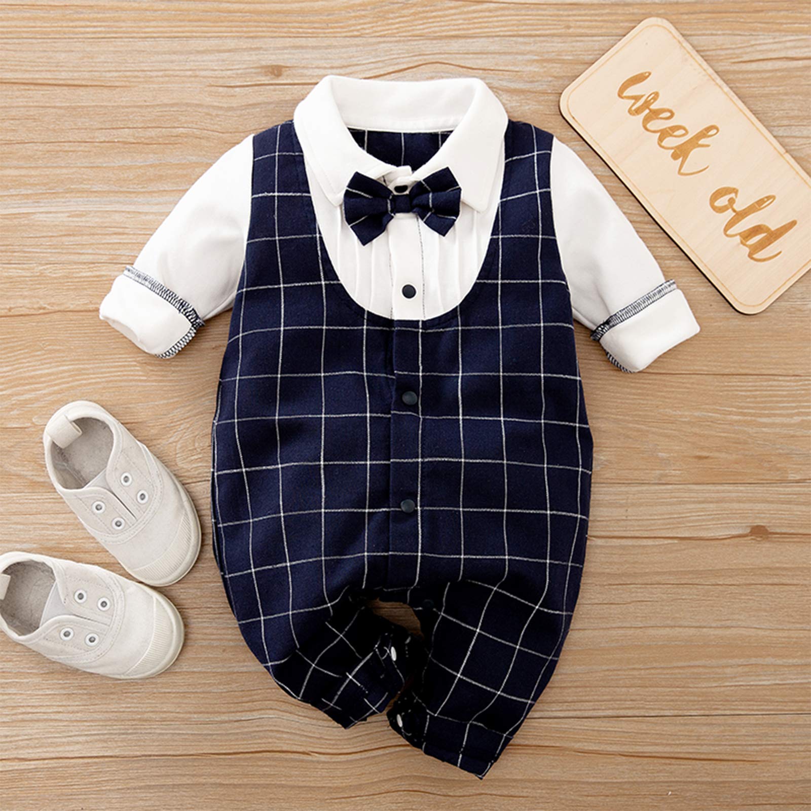 RELABTABY Newborn Baby Boys Long Sleeve Tuxedo Plaid Bow Tie Gentleman Formal Suit Jumpsuit Overall Romper Wedding Outfit