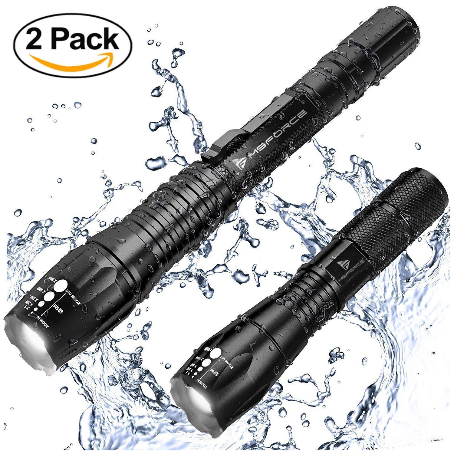 MsForce Led Tactical Flashlight S2000 [2 Pack]- Small and Heavy Duty Super Bright Set, High Lumens, 3 Rechargeable Batteries, Zoomable,5 Modes-Camping Accessories, Emergency Flashlights,Work