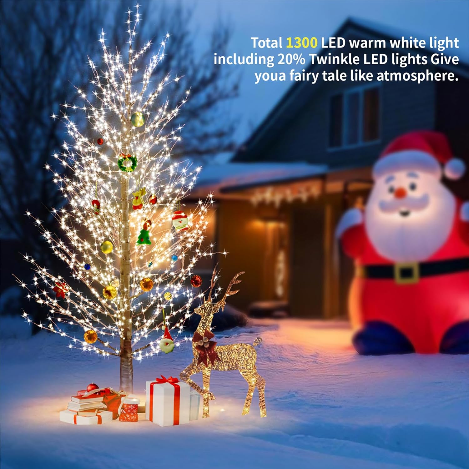 6FT Brown Lighted Birch Tree 1300LEDs Warm White Lights, Xmas Twinkle Tree with Timer,8 Lighting Modes IP44 Waterproof,Lighted Alpine Tree for Indoor Outdoor Festival Party Christmas Decor