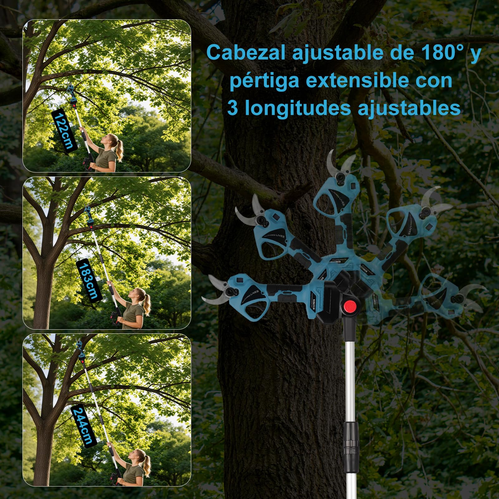 Tijeras de Podar Eléctricas, 40mm 2 Baterías 21V 2.0Ah con Palo Telescópico 244cm y Tijeras de Podar Batería para Ramas Altas y Jardín