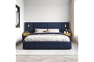 DEINPPA King Bed Frame LED Lights Nightstands Royal Blue Upholstered Headboard Platform Bed