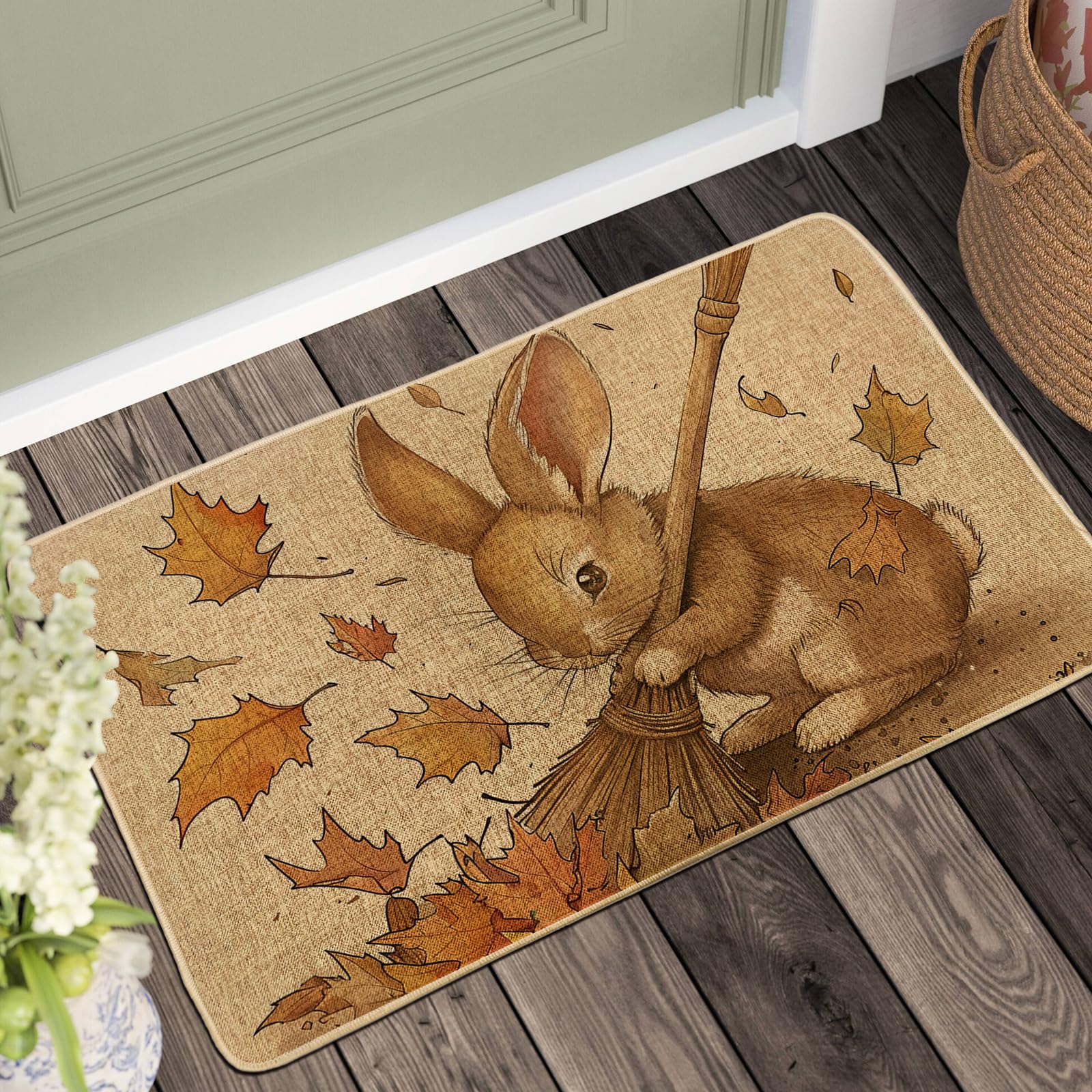 Fall Bunny Doormat, Cozy Brown Rabbit Door Mat for Outdoor & Indoor Entrance Autumn Decor, Non-Slip Waterproof Absorbent Front Doormat, Easy Clean 29x17 Inch