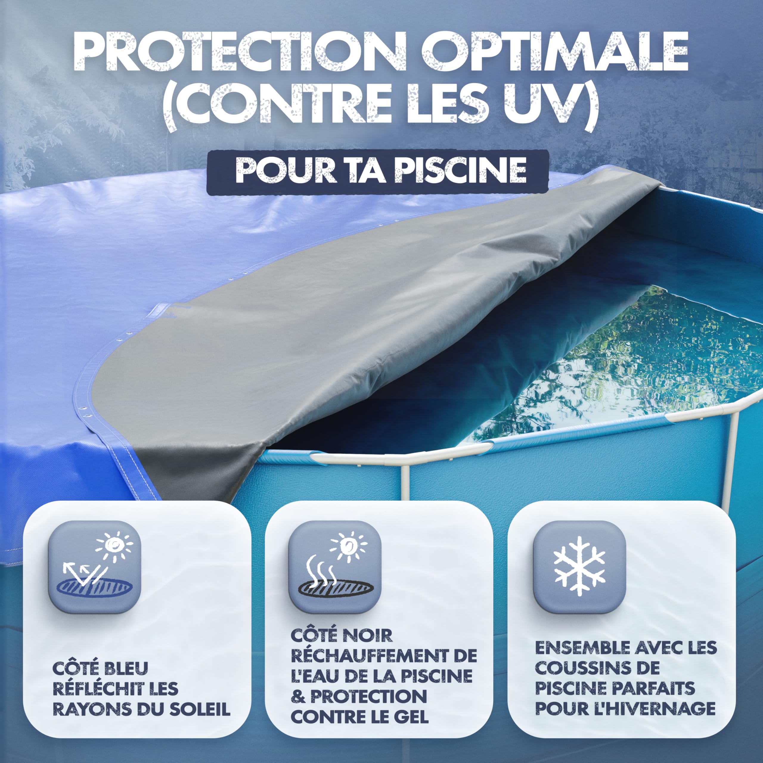 Bâche de Piscine Ronde Ø 366 cm, 200 g/m², pour Intex et Bestway | Bâche épaisse pour l'hiver, dimension Ø 420 cm, matériel de fixation inclus, couverture piscine