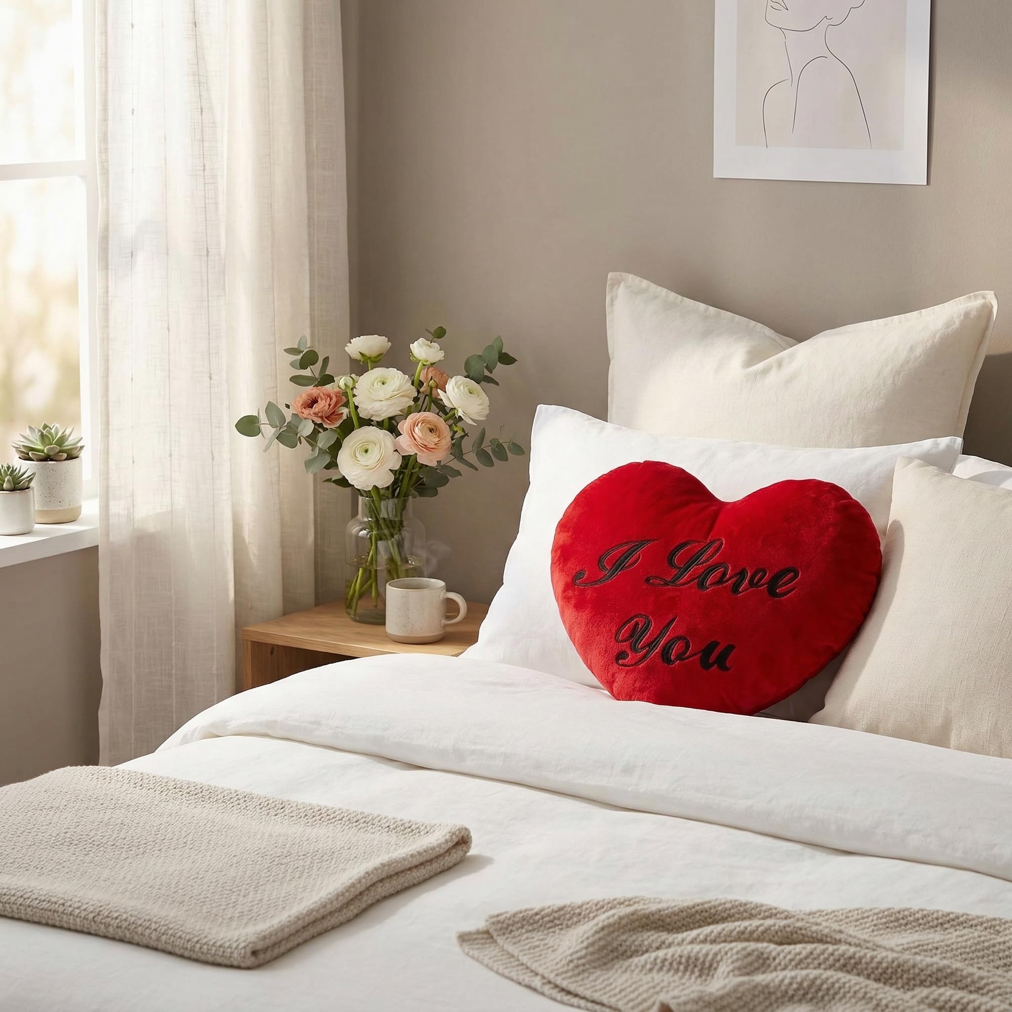 MIJOMA Herz-Kissen aus Plüsch – Weiches Dekokissen mit romantischer Stickerei – Kuscheliges Sofakissen, Kissen in Herzform, flauschig & gemütlich (I Love You, 60cm)