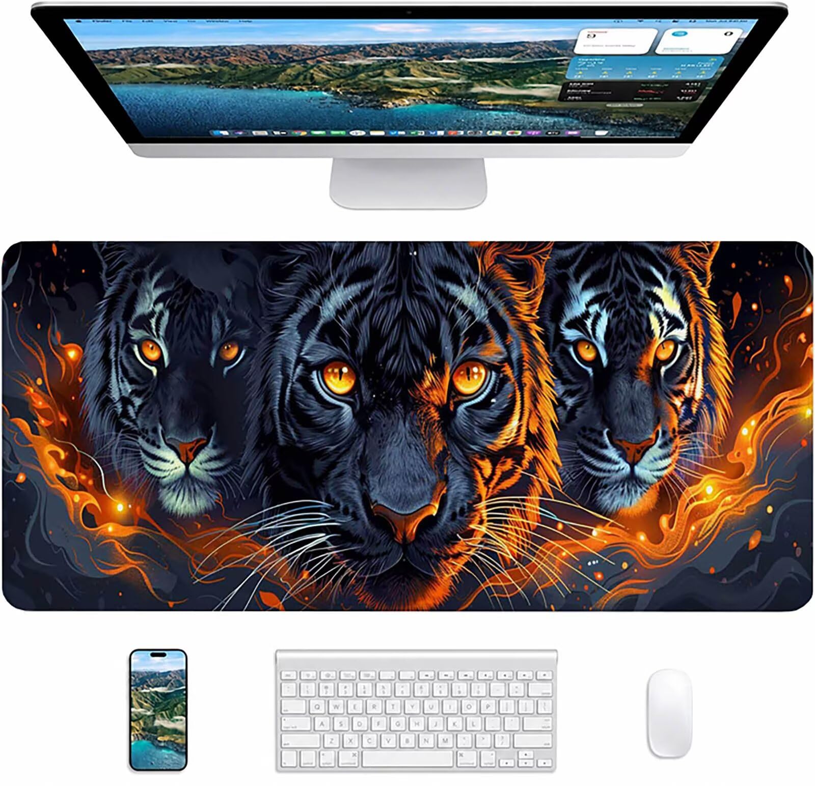 szara podkładka pod mysz, tygrys XXL, 1600 x 800 x 3 mm, podkładka na biurko z przyszytymi krawędziami, podkładka pod mysz dla graczy, poprawia precyzję i prędkość, akcesoria na biurko, prezent dla