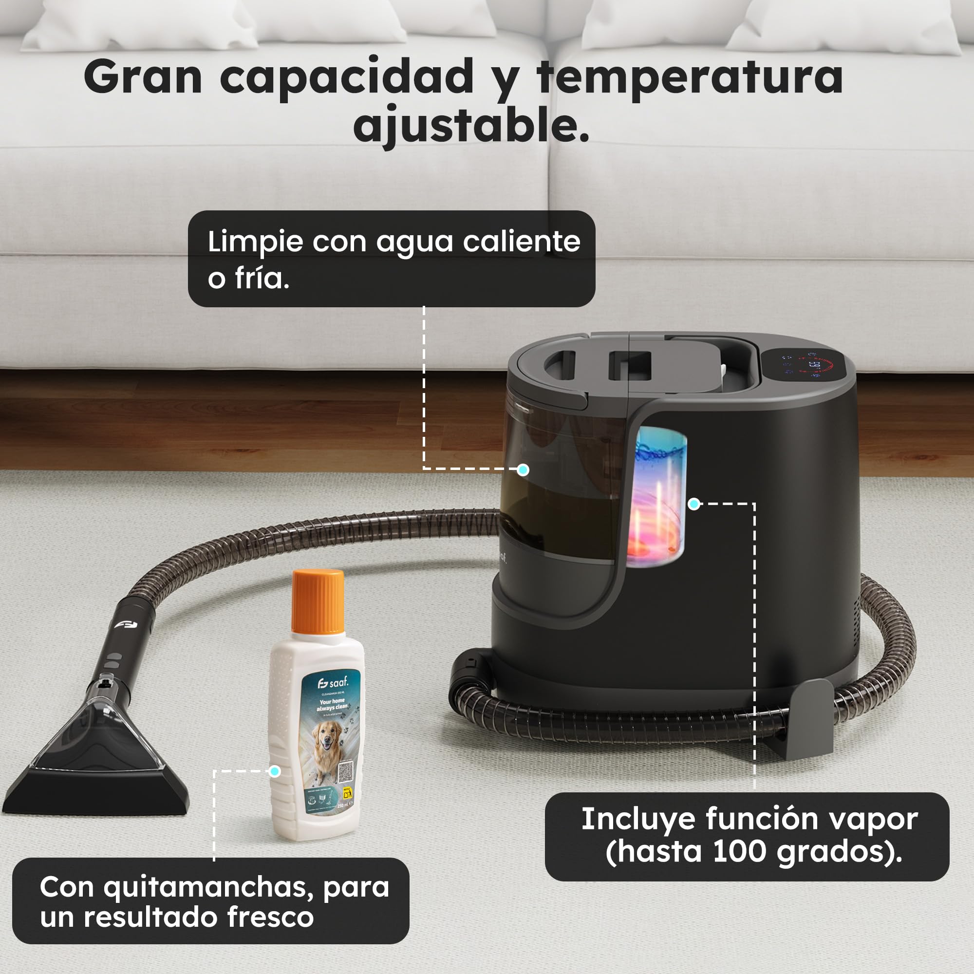 Saaf Limpiador de Manchas – Set de 7 Piezas – Función Vapor hasta 100°C – Alfombras y Sofás – Motor Potente 1700W – Incluye Cepillo Alfombra, Cepillo Precisión & Limpiacristales – Negro