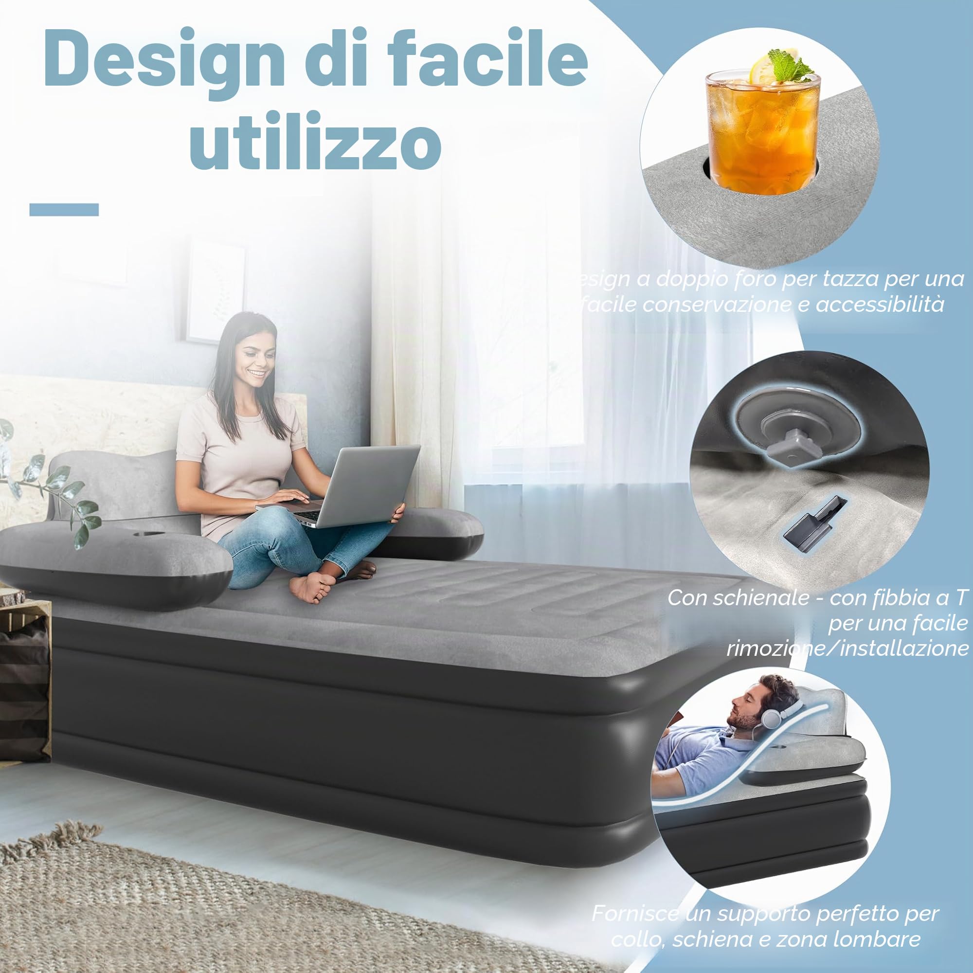 NAIZY Materasso ad aria 195×146×42 cm, letto ad aria per 2 persone, materasso gonfiabile con schienale, letto da campeggio incluso pompa ad aria, letto per gli ospiti, letto da viaggio, max fino a 250