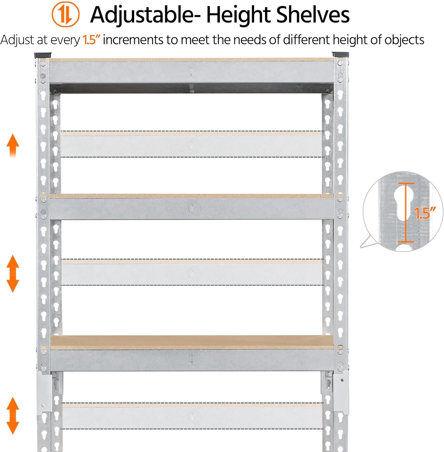 Close-up diagram illustrating the adjustable height feature of the shelves, showing how they can be moved up or down in 1.5-inch increments.