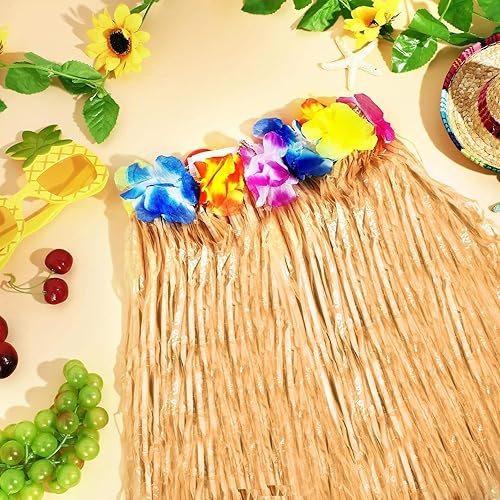 Miniatura 4 de Faldas de hierba de rafia natural, 4 piezas, flores tropicales, Luau Hula decoraciones para adultos, mujeres y hombres, hawaianas