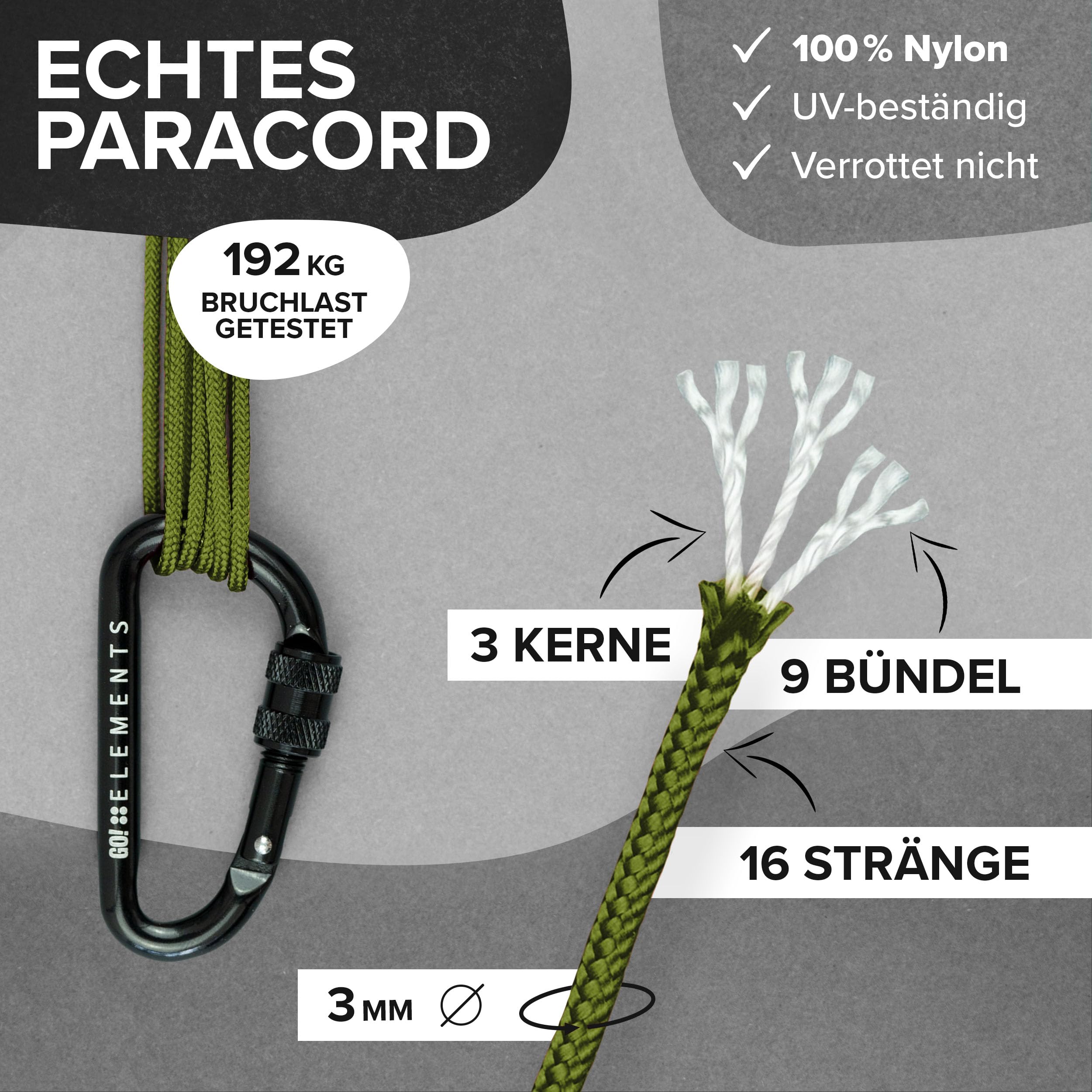 GO!elements Paracord Seil aus reißfestem Nylon - 3mm Paracord 425 Typ II max. 192kg - Schnüre als Outdoor Seil, Allzweckseil, Survival Seil, Armband, Hundeleine, Nylonschnur