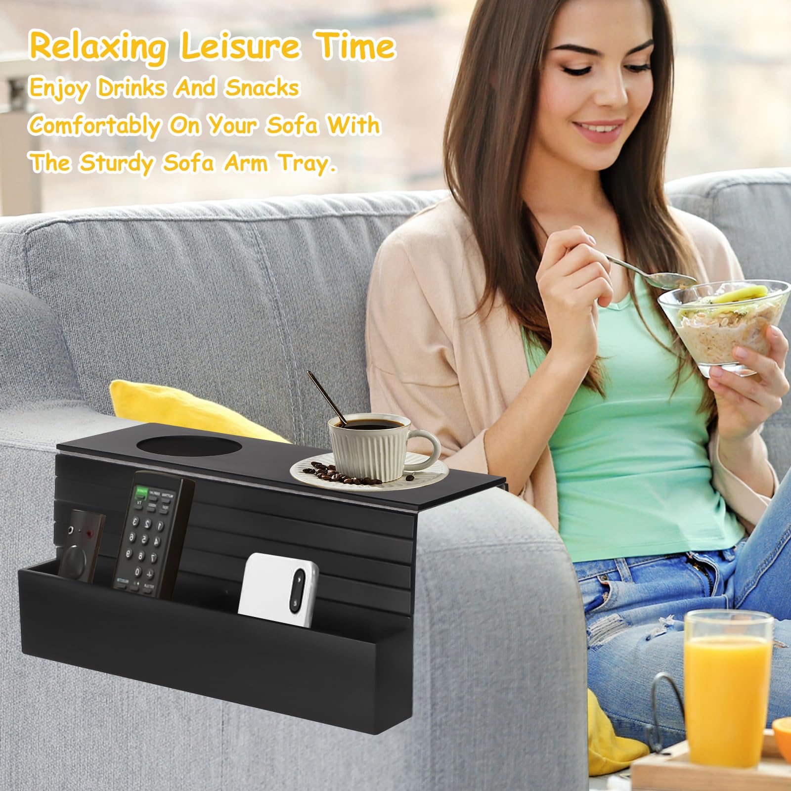 Couch Cup Holder Tray, Couch Tray Armrest with Side Storage Foldable Sofa Table Tray Non-Slip Sofa Armrest Tray Table for Drinks, Cellphone, Remote Control, Couch Arm Tray Organizer Caddy