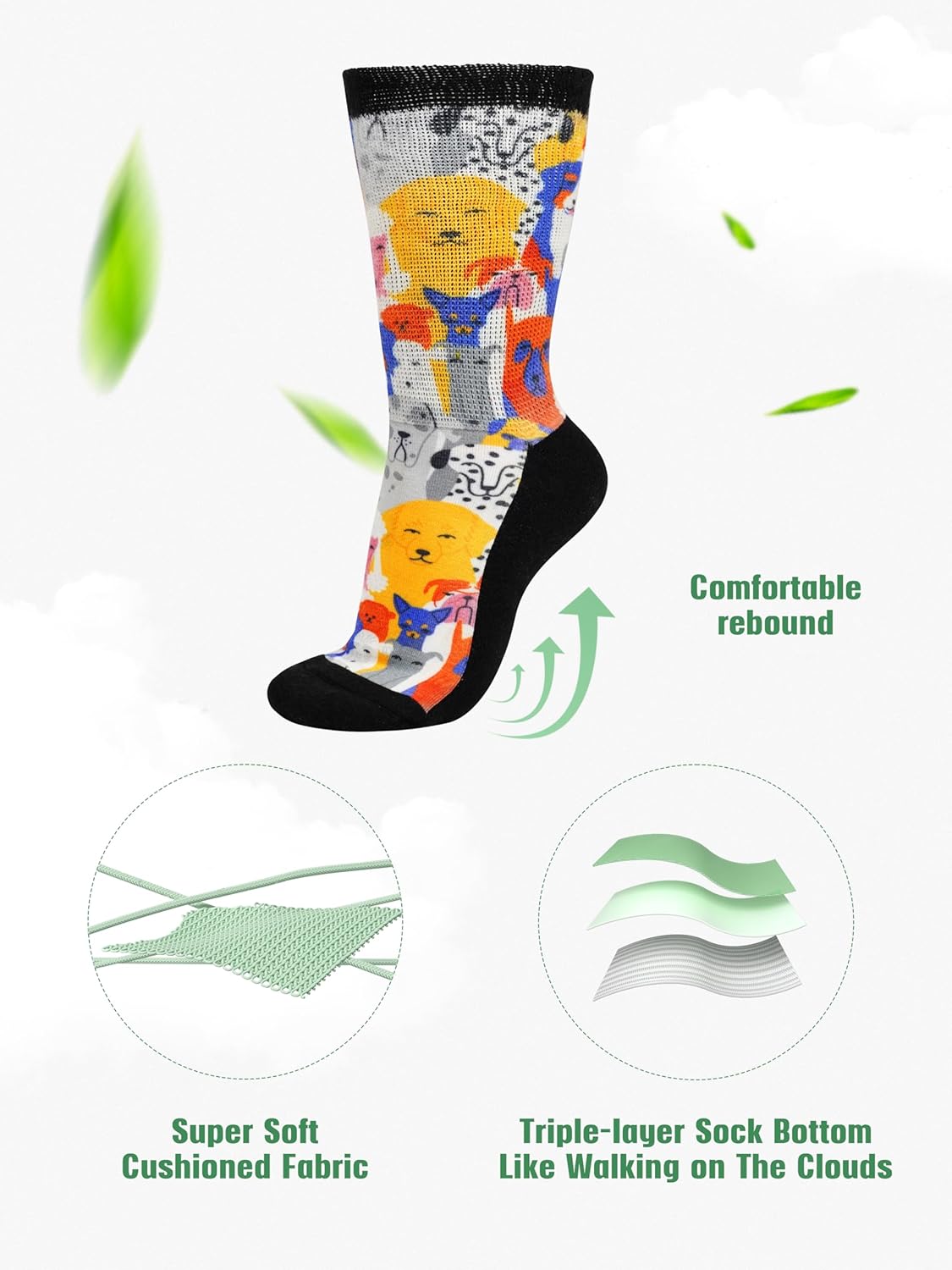 Artdear Diabetic Socks for Men & Women - 2 Pairs Bamboo Non Binding Extra Wide Colorful Crew Socks for Swollen Feet Seamless Toe Loose Fit (Kitten & Puppy, Large) - Image 3