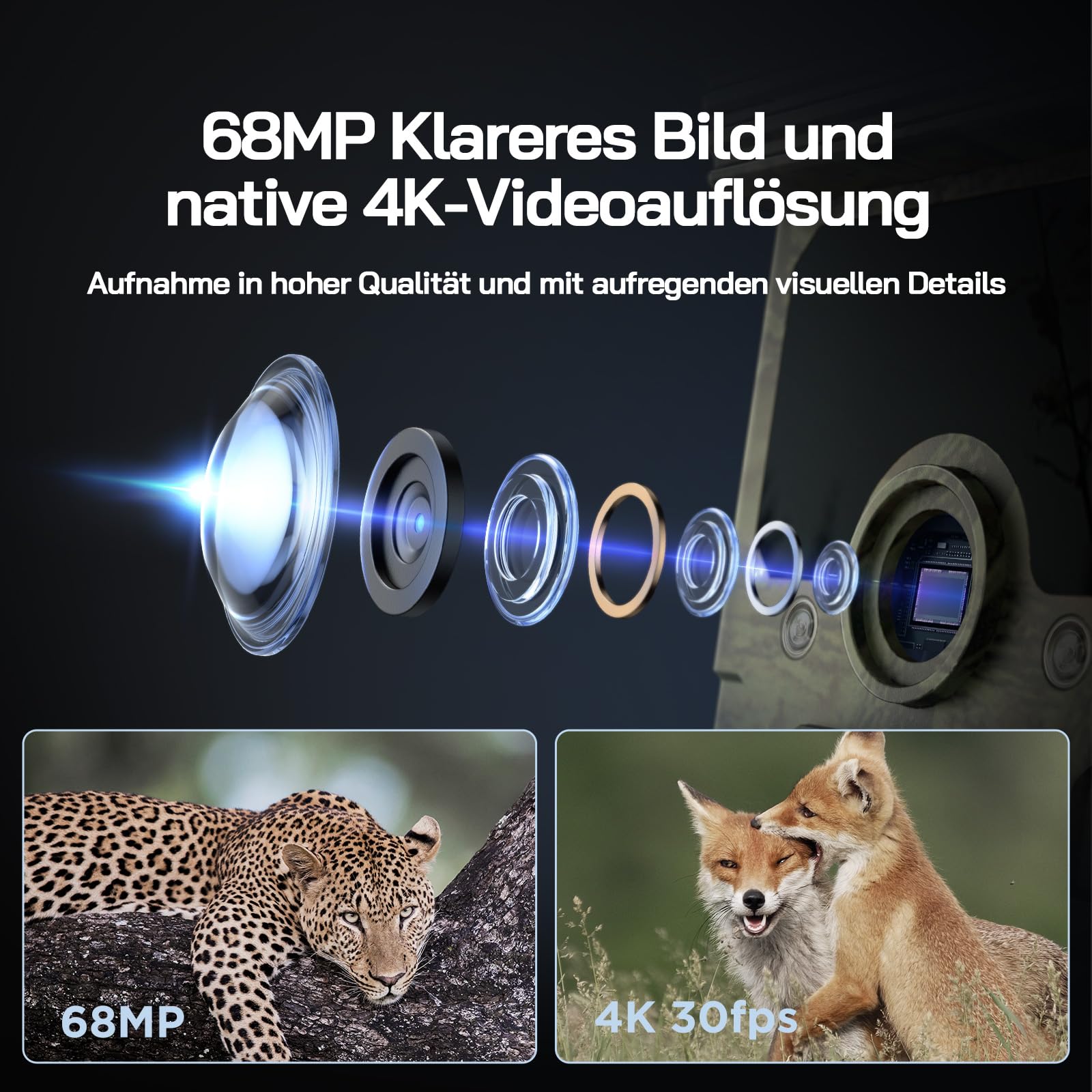 WOLFANG Wildkamera, 4K Solar Video Wildtierkamera, 68MP Full HD WLAN mit Handyübertragung APP, Bewegungssensor, Nachtsicht, IP66, 0.1s Auslösezeit für Wildlife Monitoring