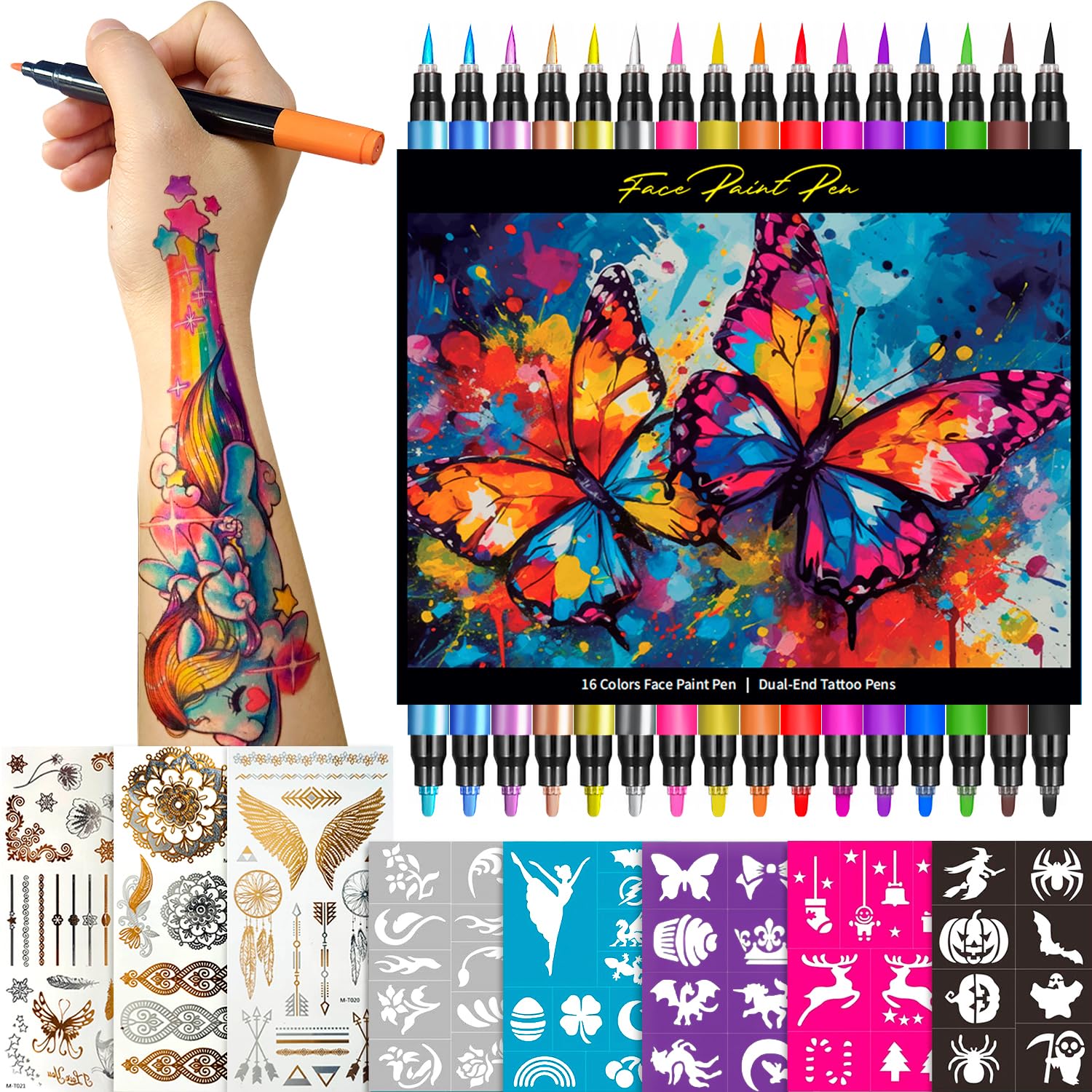 Temporary Tattoo Markers for Skin, 16 Colors Dual-Tip Tattoo Pens + 43 Tattoo Stencils + 50 Tattoo Stickers, Skin-Safe Glitter & Matte Body Markers, Washable Tattoo Kit for Kids Adults 16Pcs(Dual-Ended)