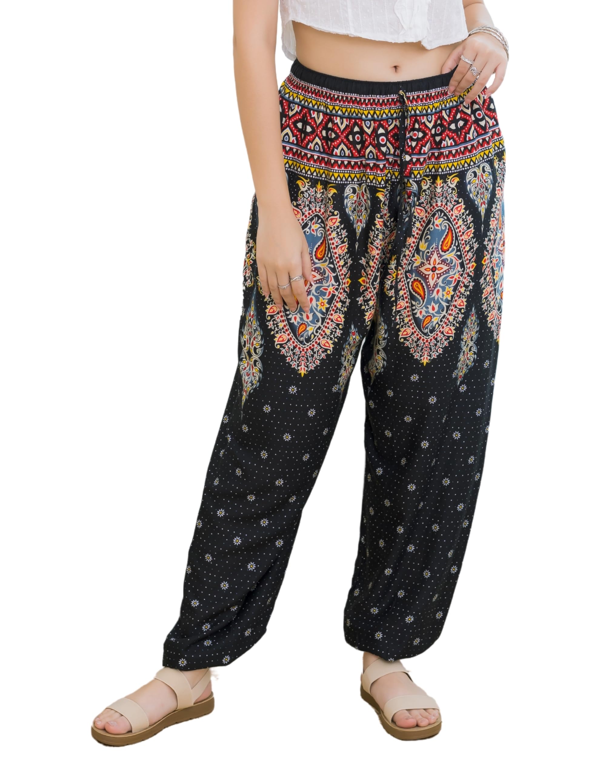 Lofbaz Women Harem Yoga Pants Boho Summer Flowy Clothes High Waist Joggers Lounge Beach Baggy Casual Bohemian Outfits Floral 5 Black One Size