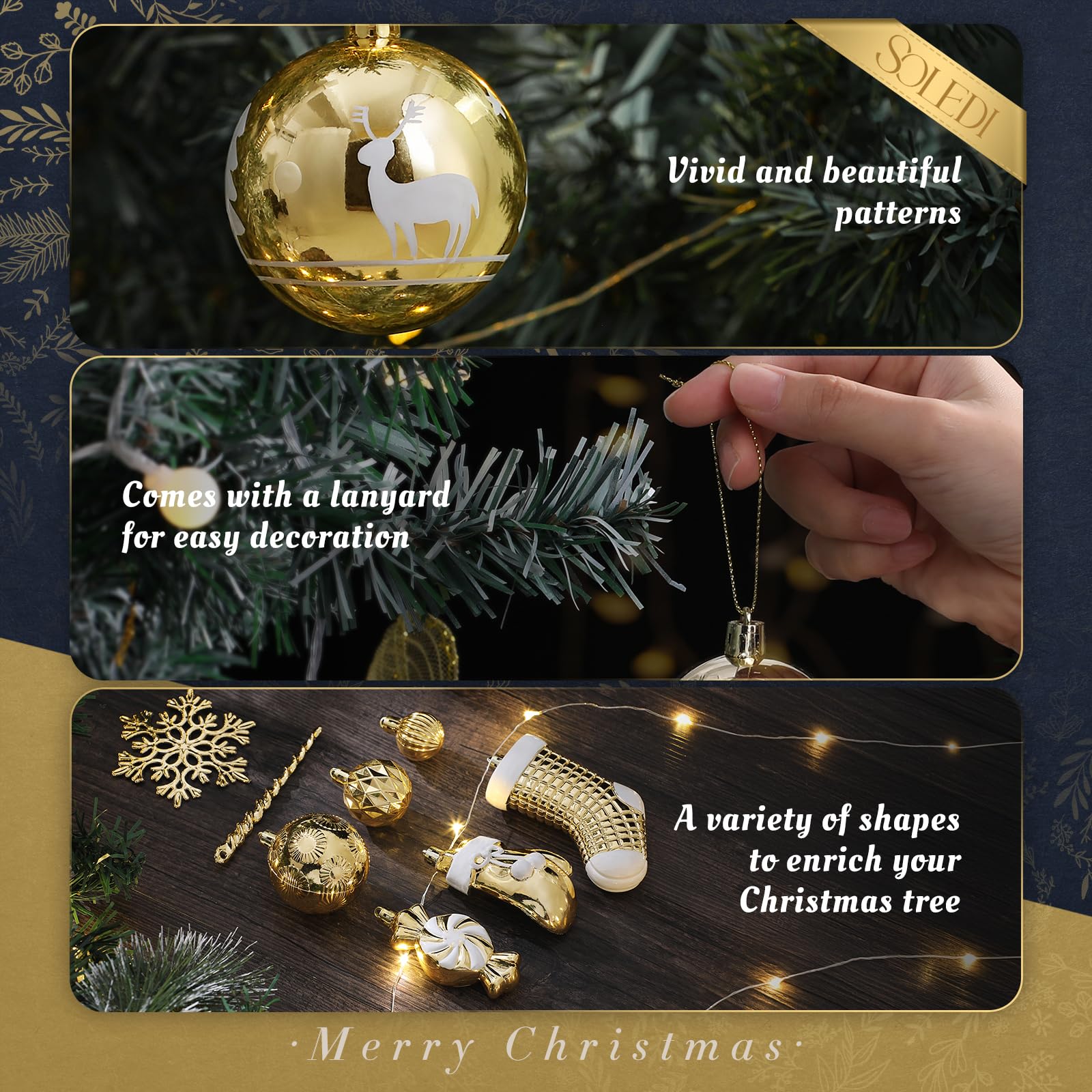 SOLEDI® 128er Set Premium Weihnachtskugeln Kunststoff Gold Weiß mit Baumspitze Stern - Robuste und Sichere Christbaumschmuck Set mit Aufhängen - Christbaumkugeln Bunt, Mehrweg Weihnachtsdeko