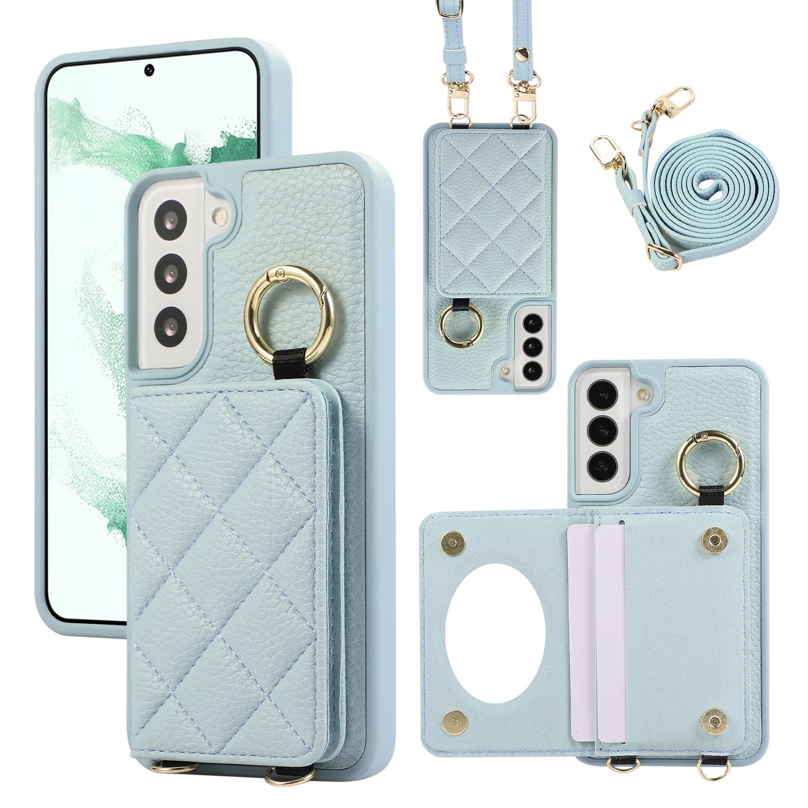 YDIJCYAN Handyhülle für Samsung Galaxy S22 Hülle mit Band+Ring+Schminkspiegel Stoßfest Handy Schutzhülle (Blauer)
