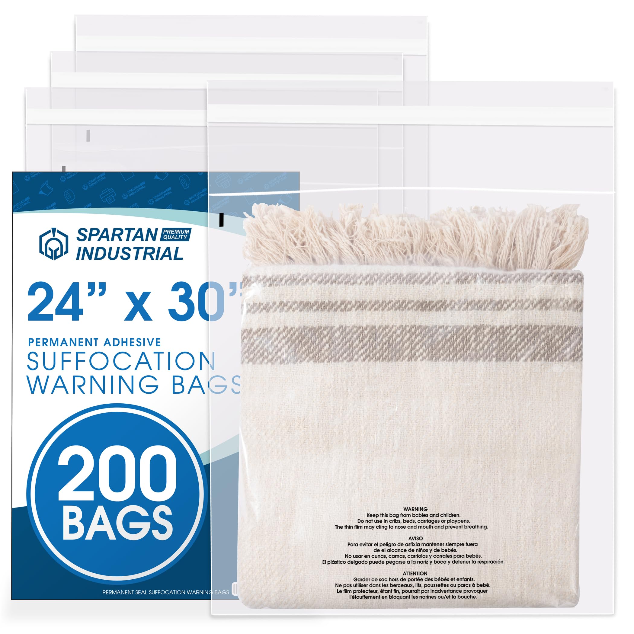 Spartan Industrial - 24" X 30" (200 Count) Self-Seal Clear Poly Bags With Suffocation Warning for Packaging, Shipping, Decor - Permanent Adhesive