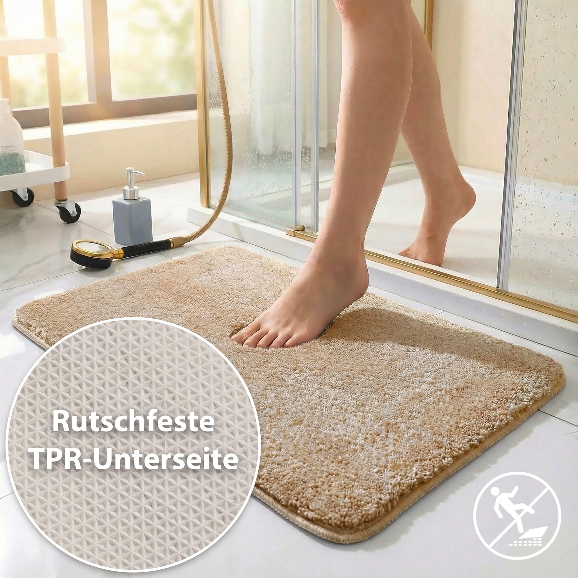 HELLSER Badezimmerteppich MIRA | Badematte rutschfest & Waschbar | Weicher Mikrofaser Badteppich | Saugfähig & Schnelltrocknend | Oeko-TEX Badvorleger für Fußbodenheizung | Beige | 60x120 cm