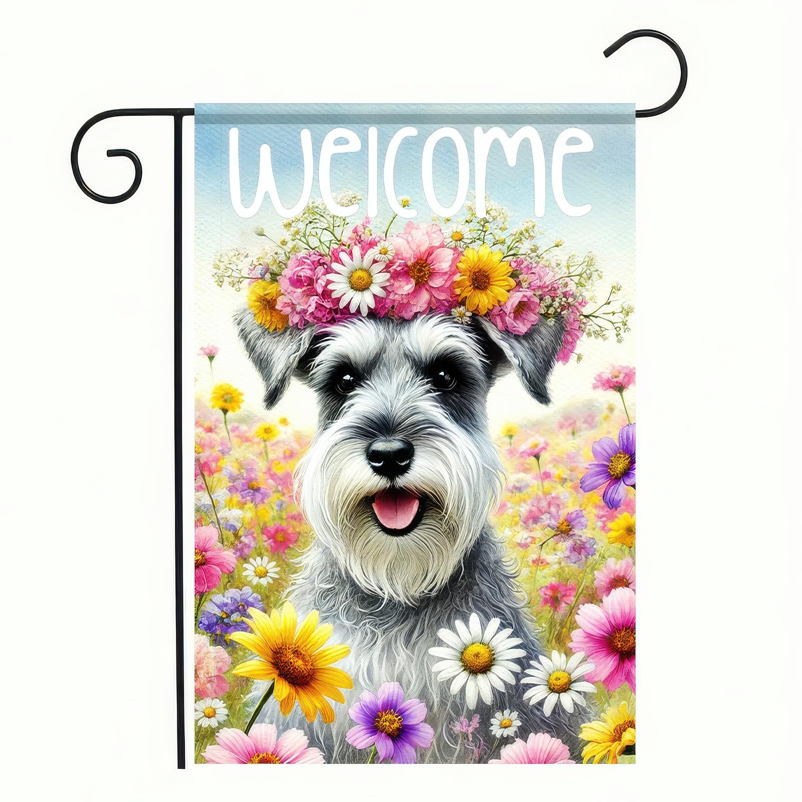 BlissYard Welcome Spring Summer Garden Flag 12 X18 Inch Double Sided FlowersDog Schnauzer Decorative Garden Flag Puppy Floral Seasonal Home Decor