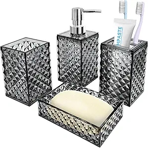 Bathroom Accessory Set, 4 PCS Grey Bathroom Accessories Set, Soap Dispenser and Toothbrush Holder...