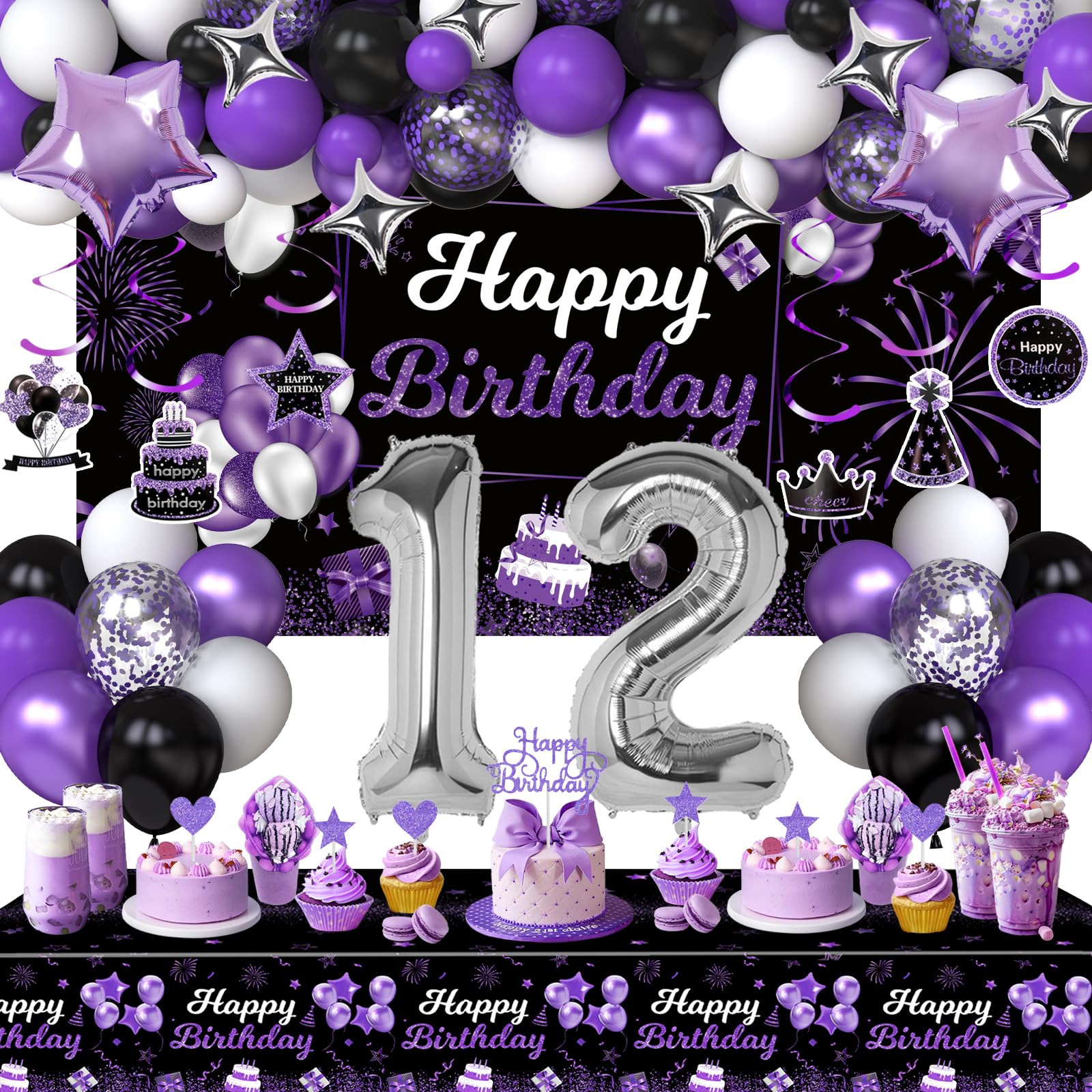 Miidenks 12th Birthday Decorations for Girl, Purple Black Happy 12 Party Decor with Backdrop Banner, Tablecloth, 12 Number Foil Balloons for Her