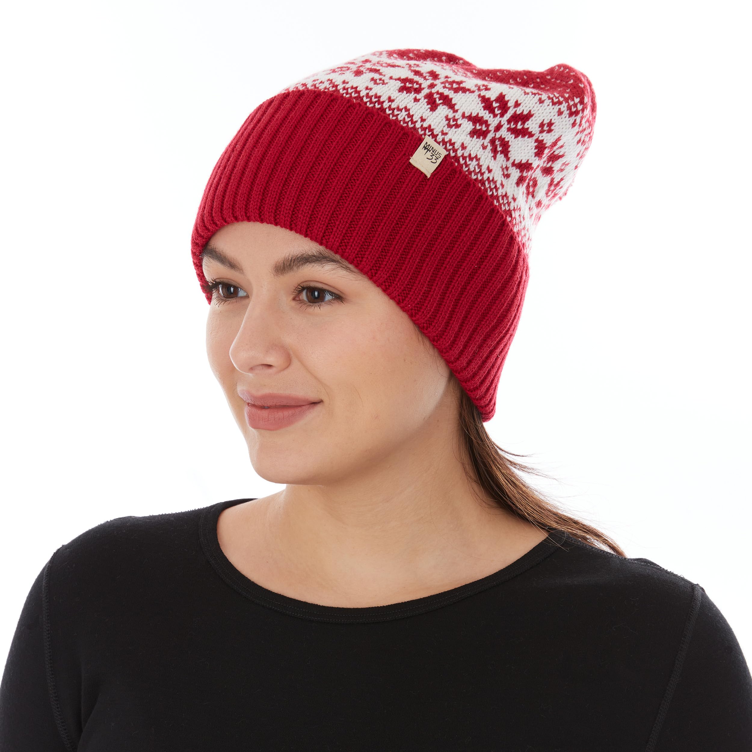 Minus33 Midweight Everyday Knit Cuff Pom Beanie - 100% Merino Wool - Winter Pom Pom Hat - True Red Natural Cream Snowflake - One Size