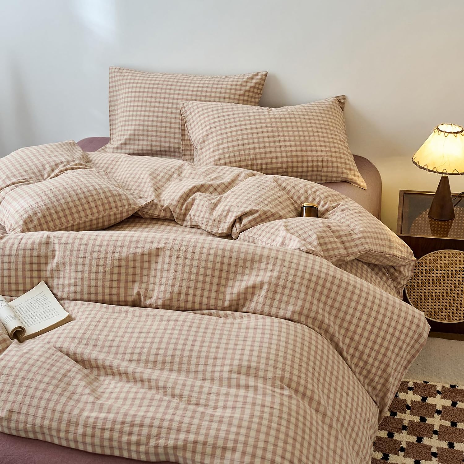 Gingham Duvet Cover Twin XL Blush Pink Washed Cotton Comforter Cover Twin XL Cute Plaid Checkered Zipper Duvet Cover Set with 2 Pillow Cases Boho Girls Bedding Set Vintage Duvet Protector