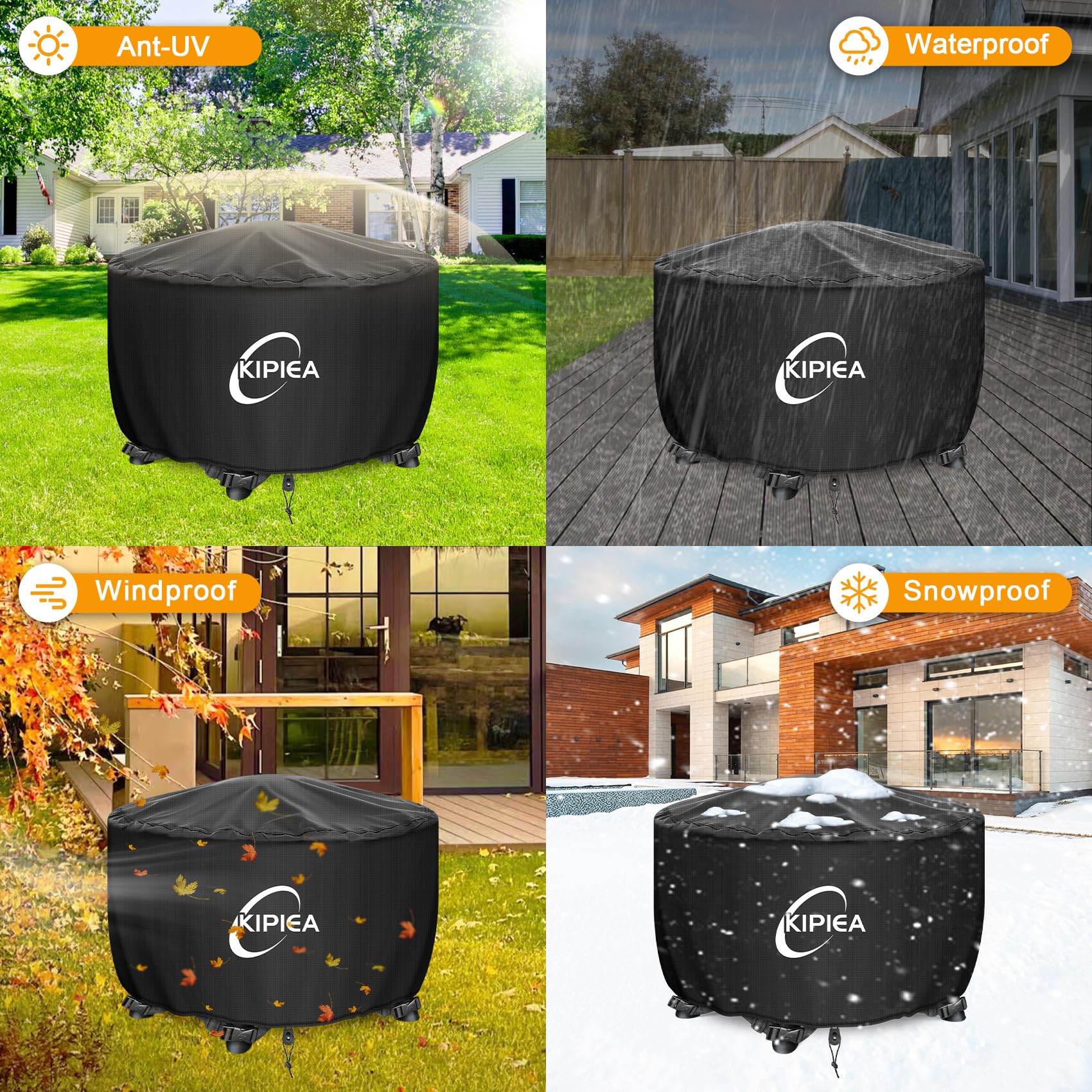 Kipiea Fire Table Cover, Waterproof Round Fire Pit Cover with Anti UV, Fits Outdoor Patio Fire Bowl and No Tears, No Fading - Black (36"D x 20" H) — view 8