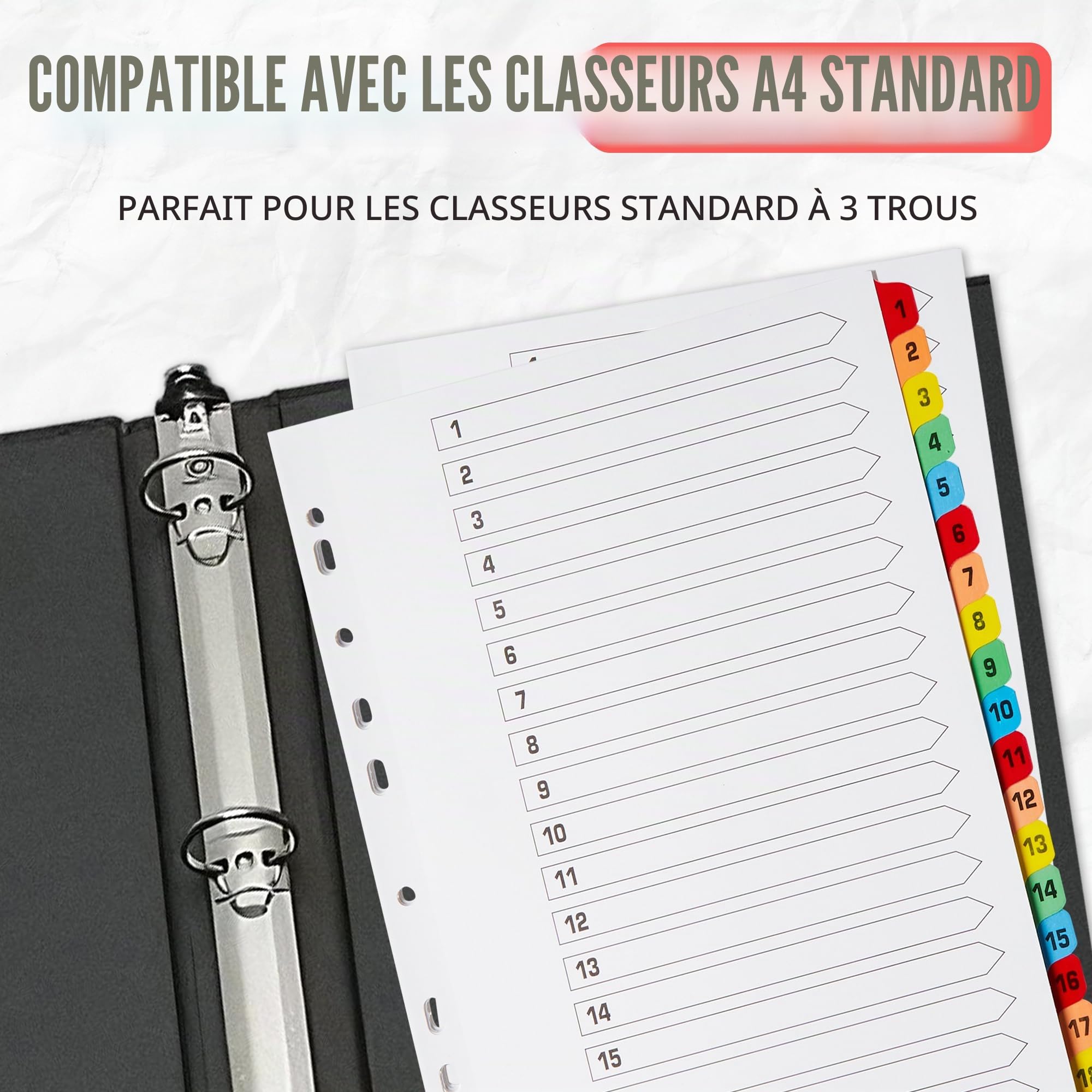Intercalaires A4 20 pièces numérotées de 1 à 20 | Intercalaires A4 20 parties numérotées de 1 à 20 avec onglets de couleur renforcés multiperforés 150 g/m²
