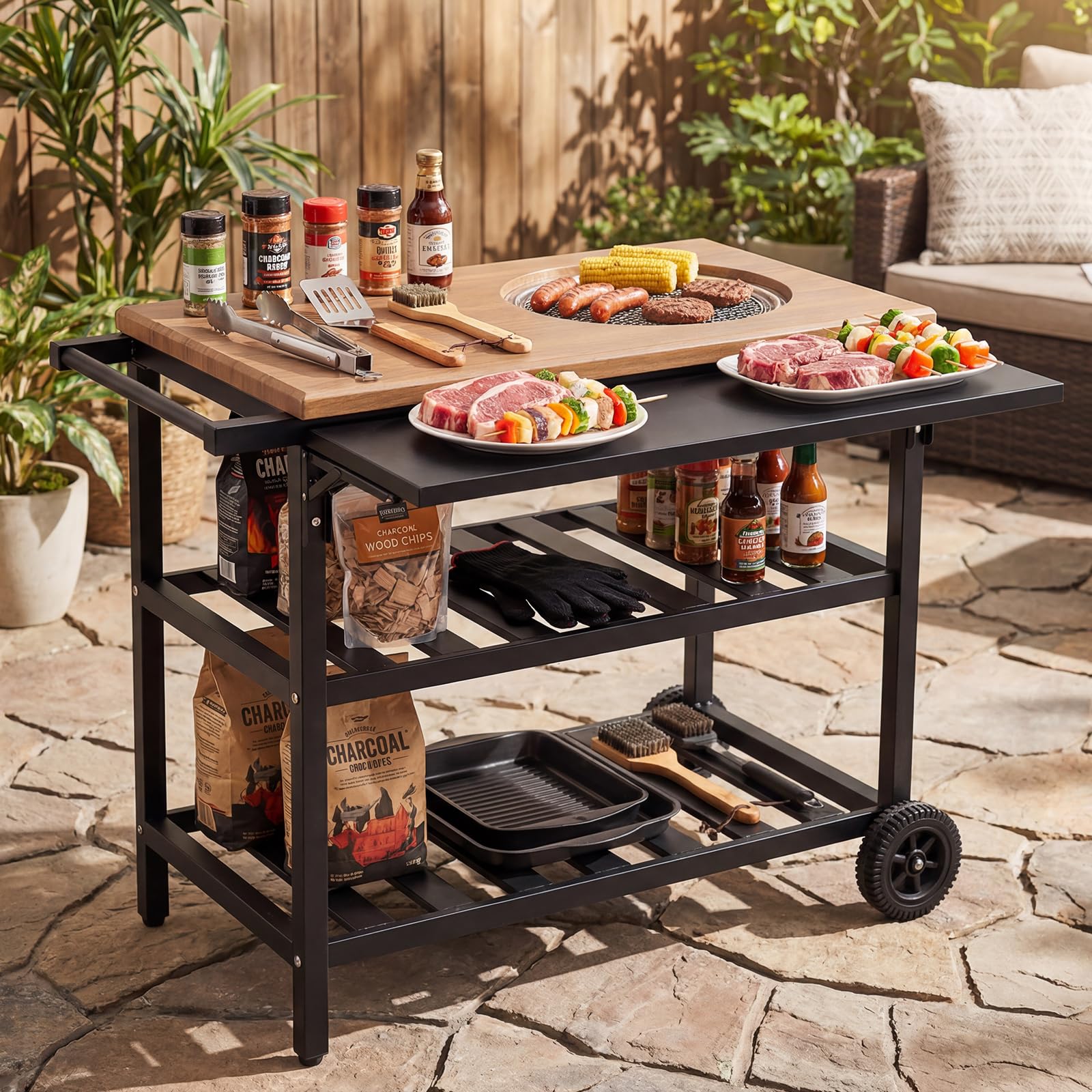COSTWAY Carrello per Barbecue, Mobile Servizio da Esterno con Forno Smontabile, Griglie e Teglie in Metallo, Tavolino Pieghevole, Carrellino con Ruote per Picnic e Feste, 94,5 x 75 x 78,5 cm