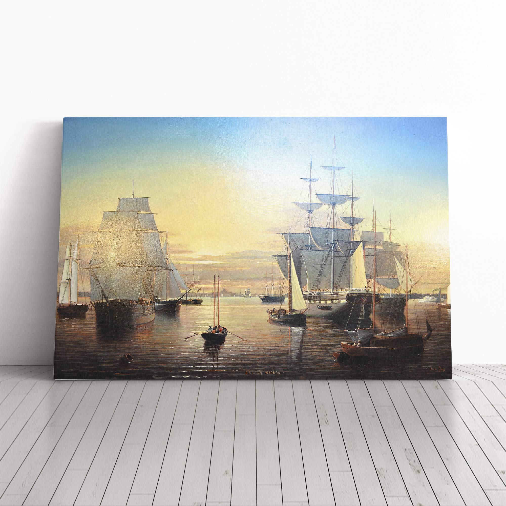 Fitz Hugh Lane Ships in Boston Harbour Canvas Print | Gallery Wrapped 30mm Frame Wall Art | 24x16 inches | Ready to Hang | Modern Seascape Picture | Living Room Bedroom Lounge Office