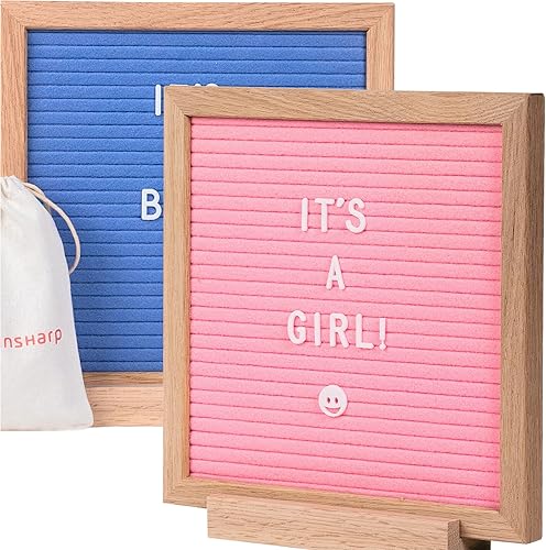 Miniatura 1 de Tablero de letras de fieltro de doble cara rosa y azul de 10 x 10 pulgadas, marco de madera de roble con letras blancas intercambiables para