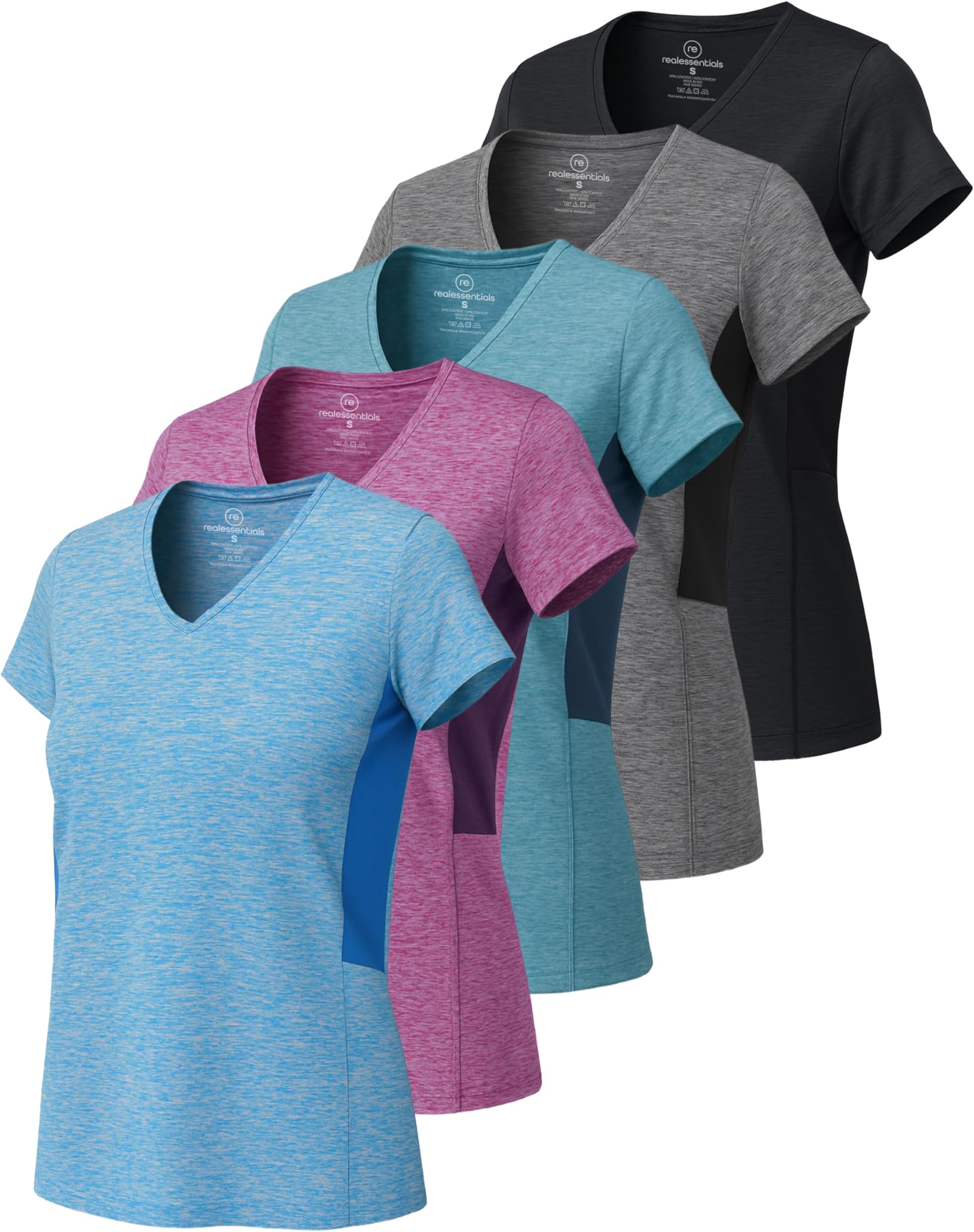 5-Pack Women's Short Sleeve V-Neck Activewear T-Shirt Dry-Fit Moisture Wicking Perfomance Yoga Top (Available in Plus Size)