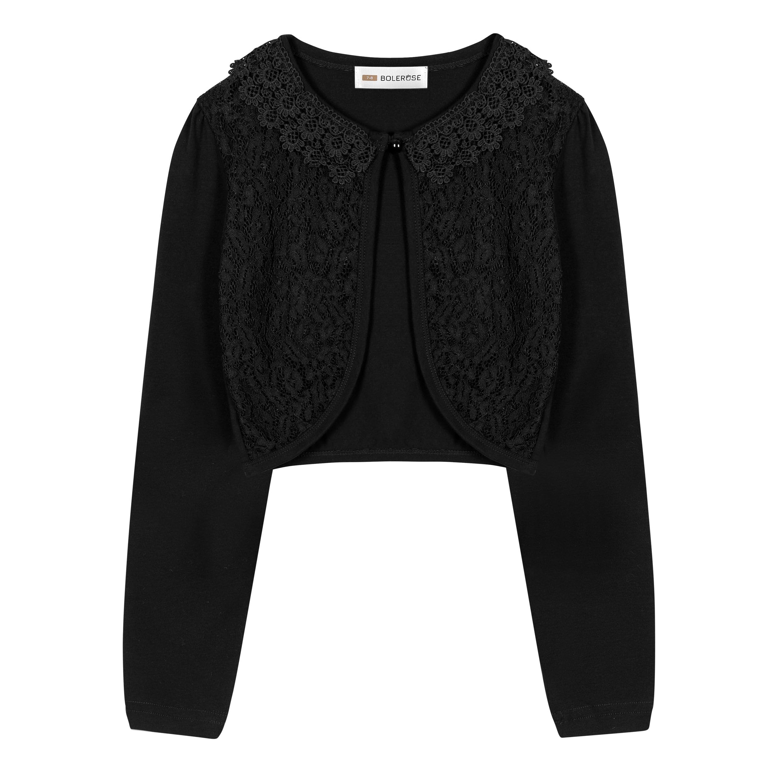 Bolerose Mädchen Lange Ärmel Blumen Spitze Bolero Strickjacke Kinder Zucken (Schwarz, 13-14 Jahre)