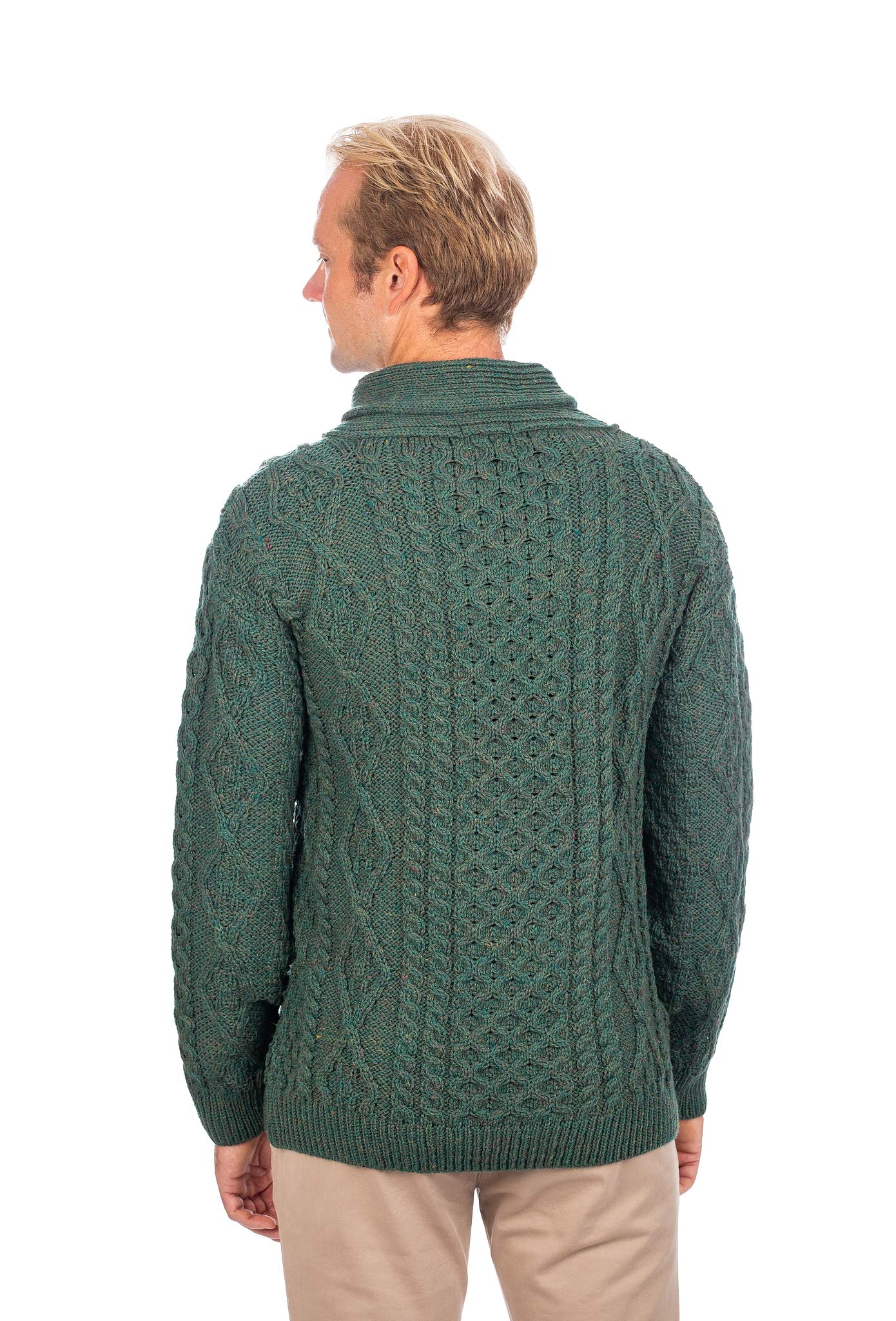 SAOL 100% Lana Merino Irlandese Aran Collo Sciallato Maglione con Bottone da Uomo, in Natura/Blu Atlantico, Verde Connemara