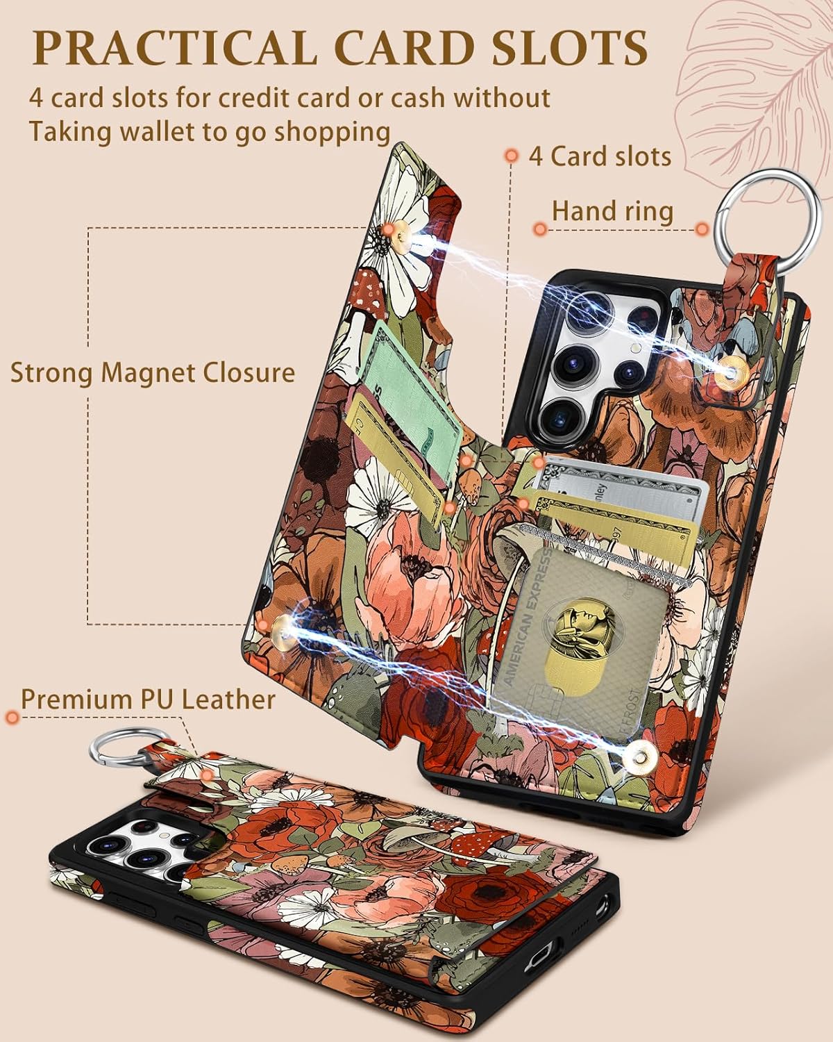 Shorogyt for Samsung Galaxy S25 Ultra Wallet Case - Cute Fashion Mogu Flower Design with Card Holder Kickstand for Magnetic Clasp Back Flip Folio Leather Phone Cases for Wome Girls Men - Image 3