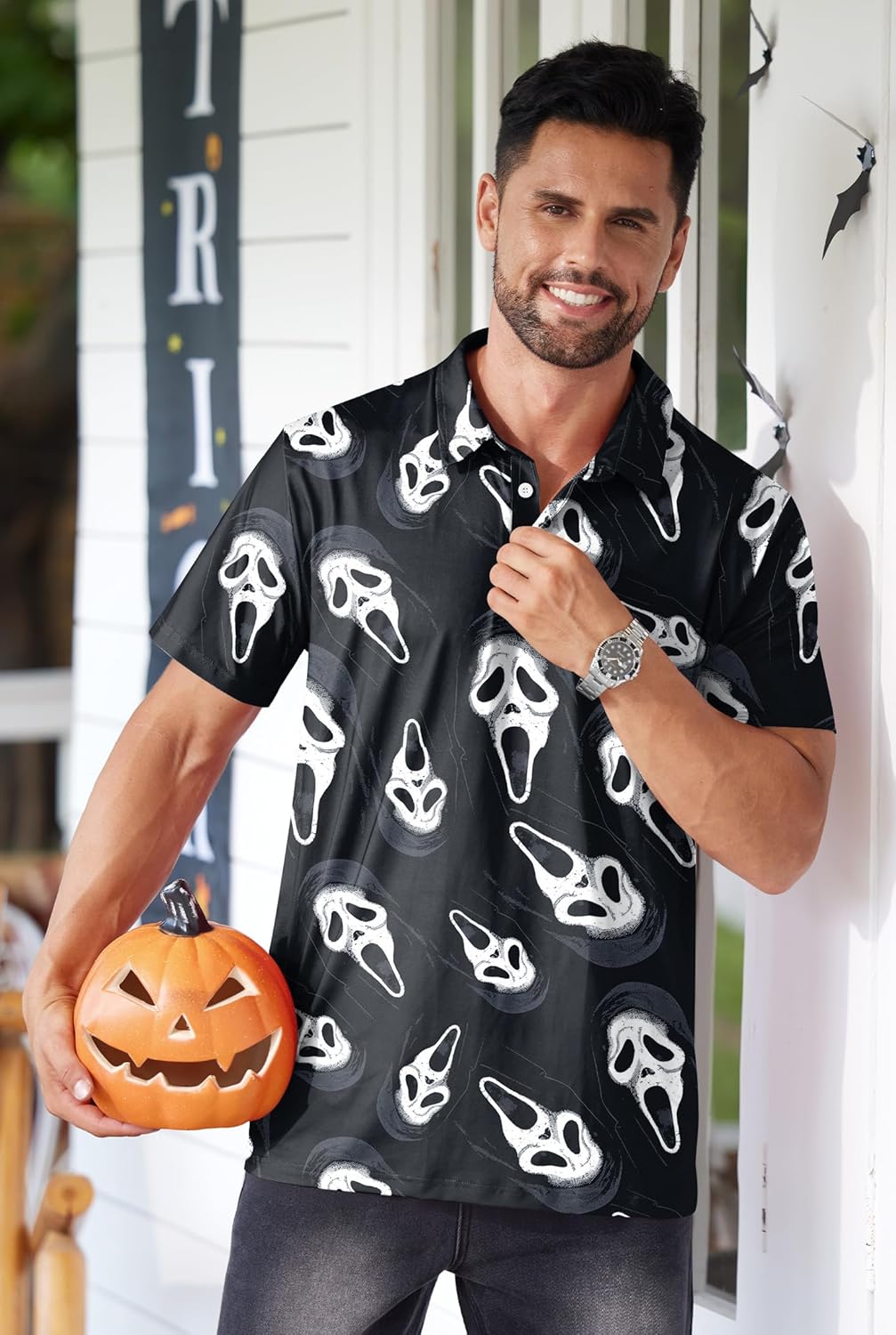 Arvilhill Men's Pumpkin Polo Shirt Short Sleeve Costume Collared Shirt (S-3XL)
