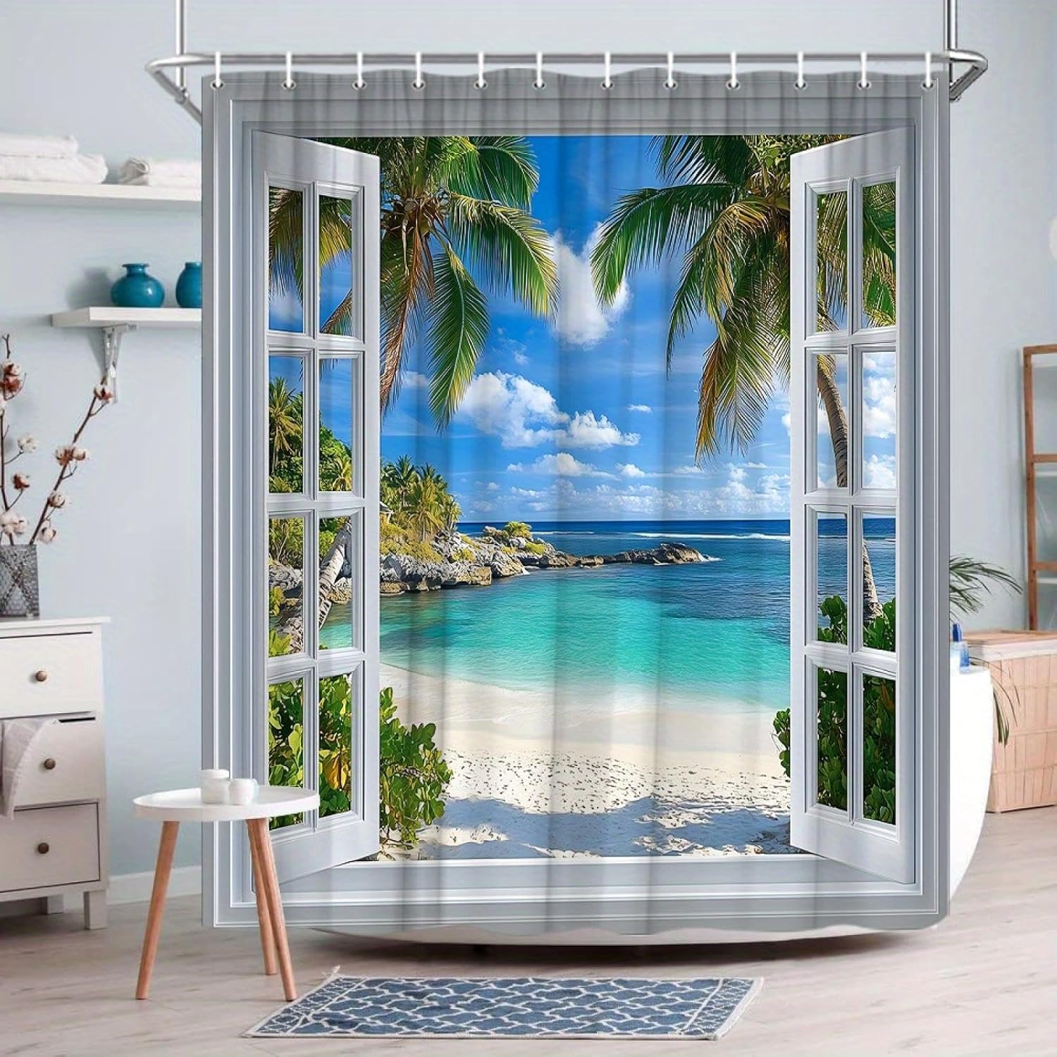 Serene Tropical Beach View Through Open Windows Digital Shower Curtain Bathroom Waterproof Modern Bath Decor with 12 Hooks 84x72in-213x183cm/WxH