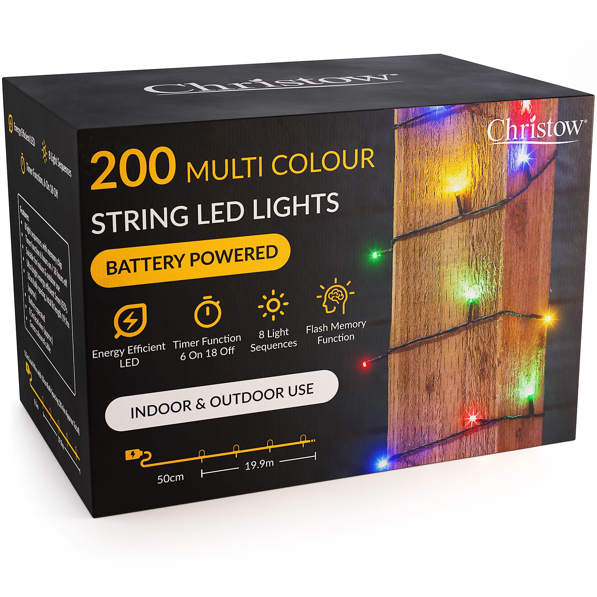 Christow Multi Coloured Christmas Fairy Lights Battery Operated, Multi-Coloured Led String Lighting With Timer, Indoor & Outdoor, 8 Light Modes Flashing & Static, Green Cable (200 Led / 20M Lit Length)