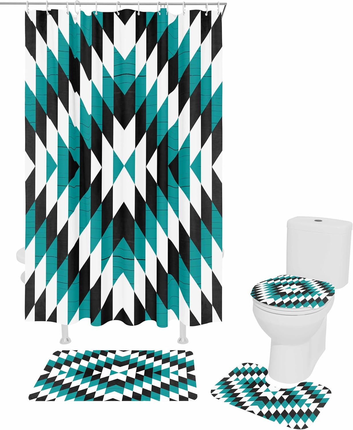 Turquoise Aztec Bathroom Set with Shower Curtain and Rug and Accessories - 66x72 Inches Long Black White Southwest Vintage Geometric Bathtub Floor Runner Rug Set Bathtub Curtains with Bath Mat