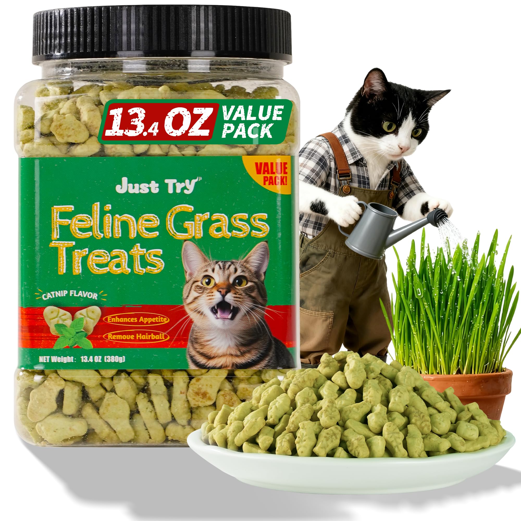 Just Try 13.4 OZ Cat Treats for Indoor Cats Hairball Control Natural Salmon Healthy Cat Grass Treats Kitten Snacks Training Biscuits Catnip for Cats Dental Care